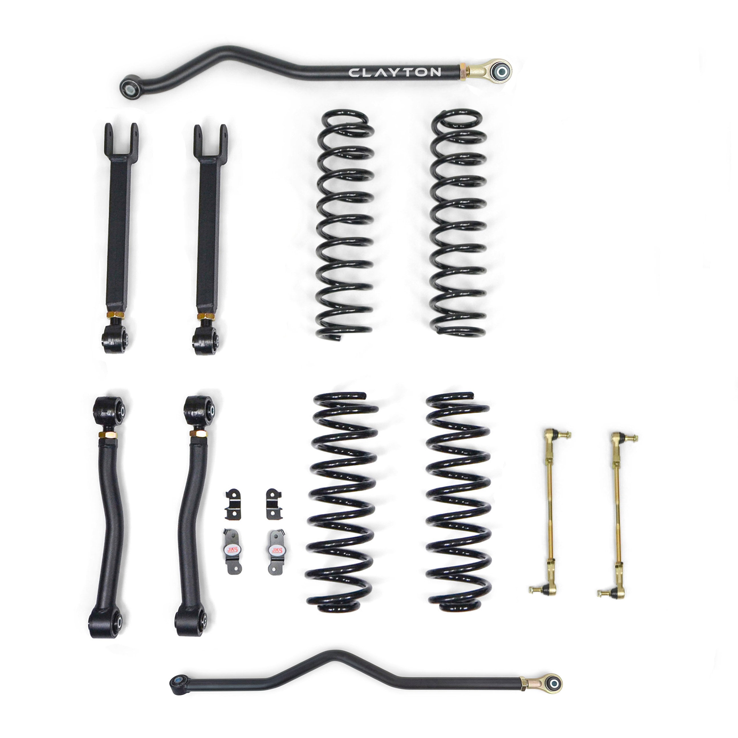 Jeep Wrangler suspension lift kit with control arms, coil springs, sway bar links, and bushings