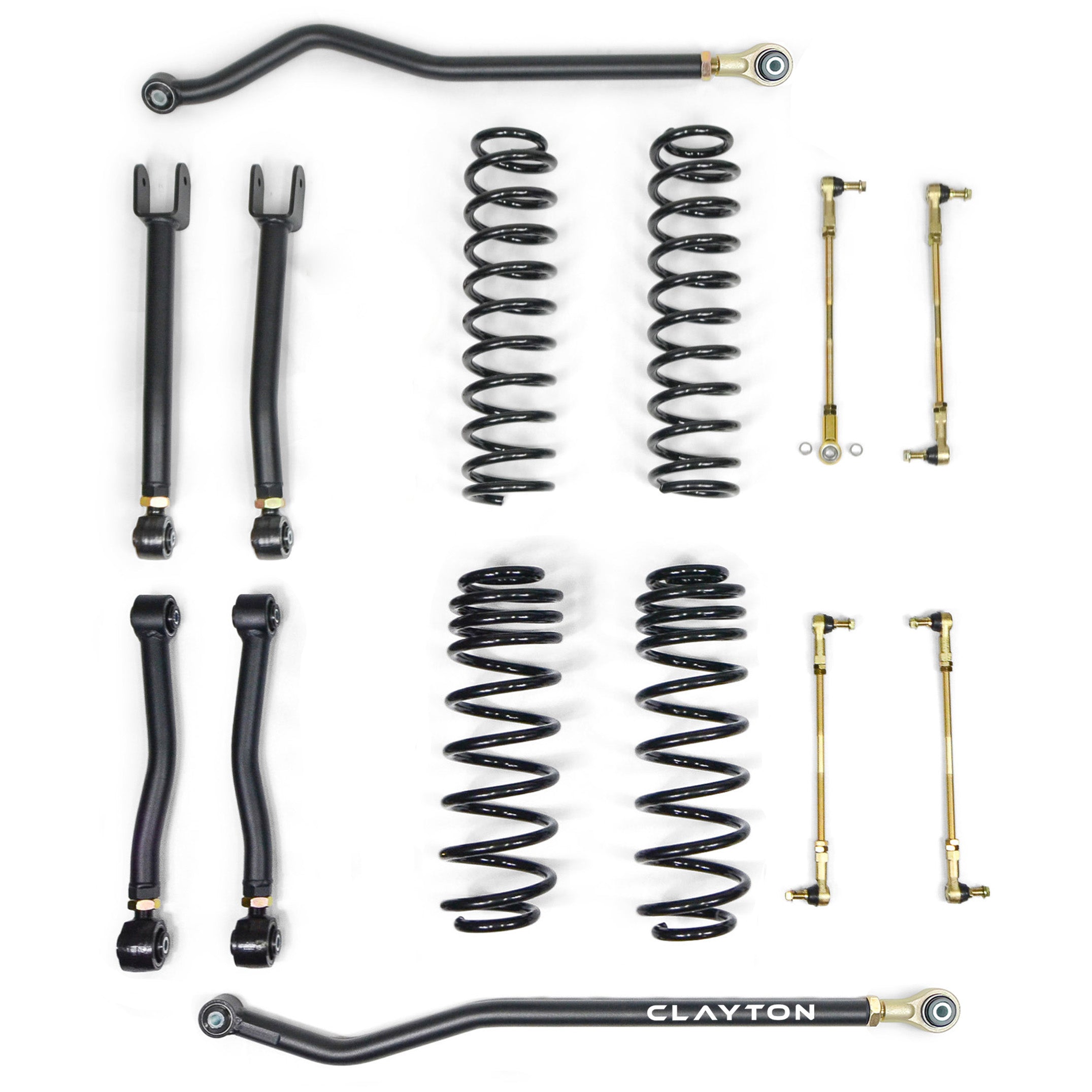 Jeep suspension lift kit components including control arms, coil springs, sway bar links on white background