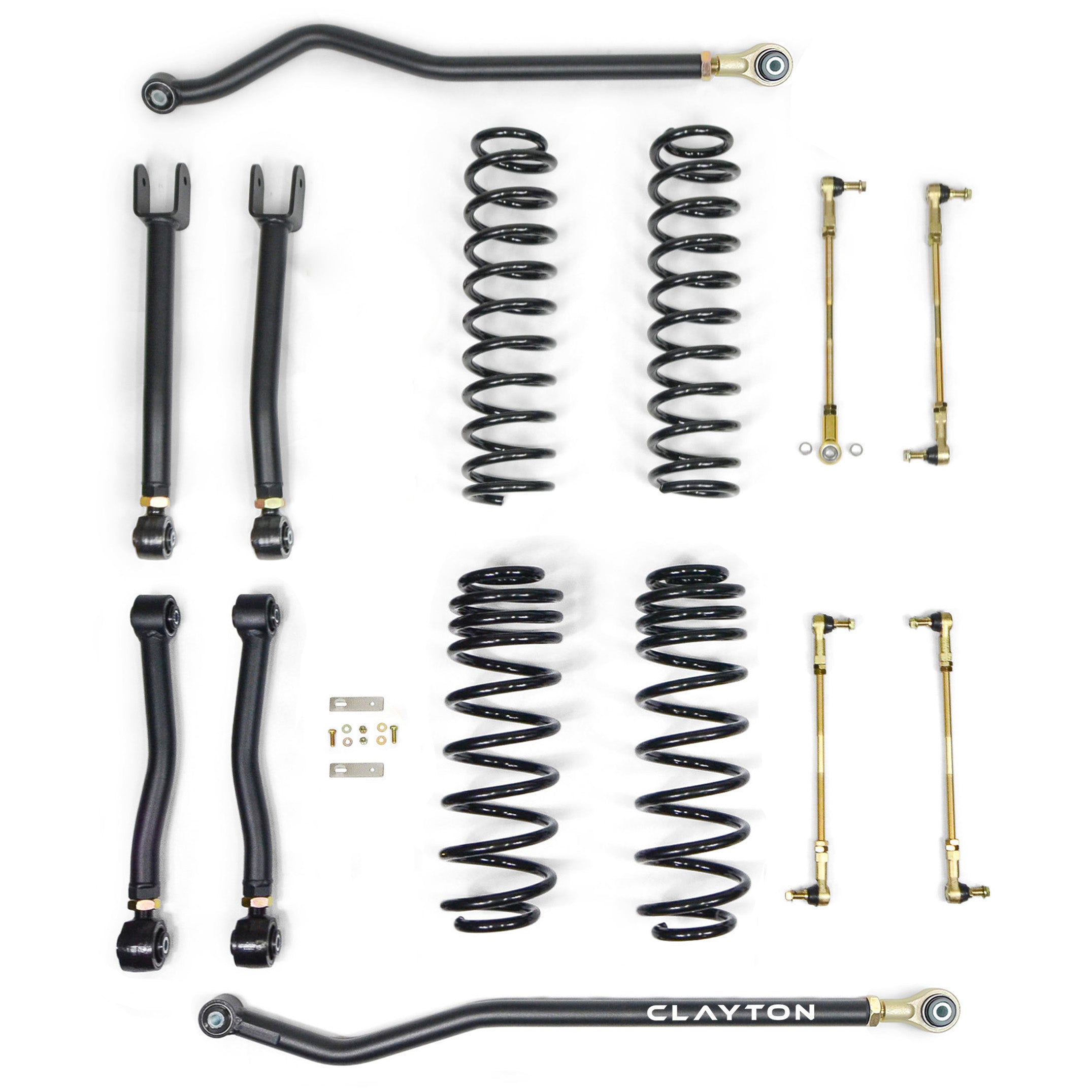 Jeep Wrangler suspension lift kit with control arms, springs, sway bar links, and hardware laid out.