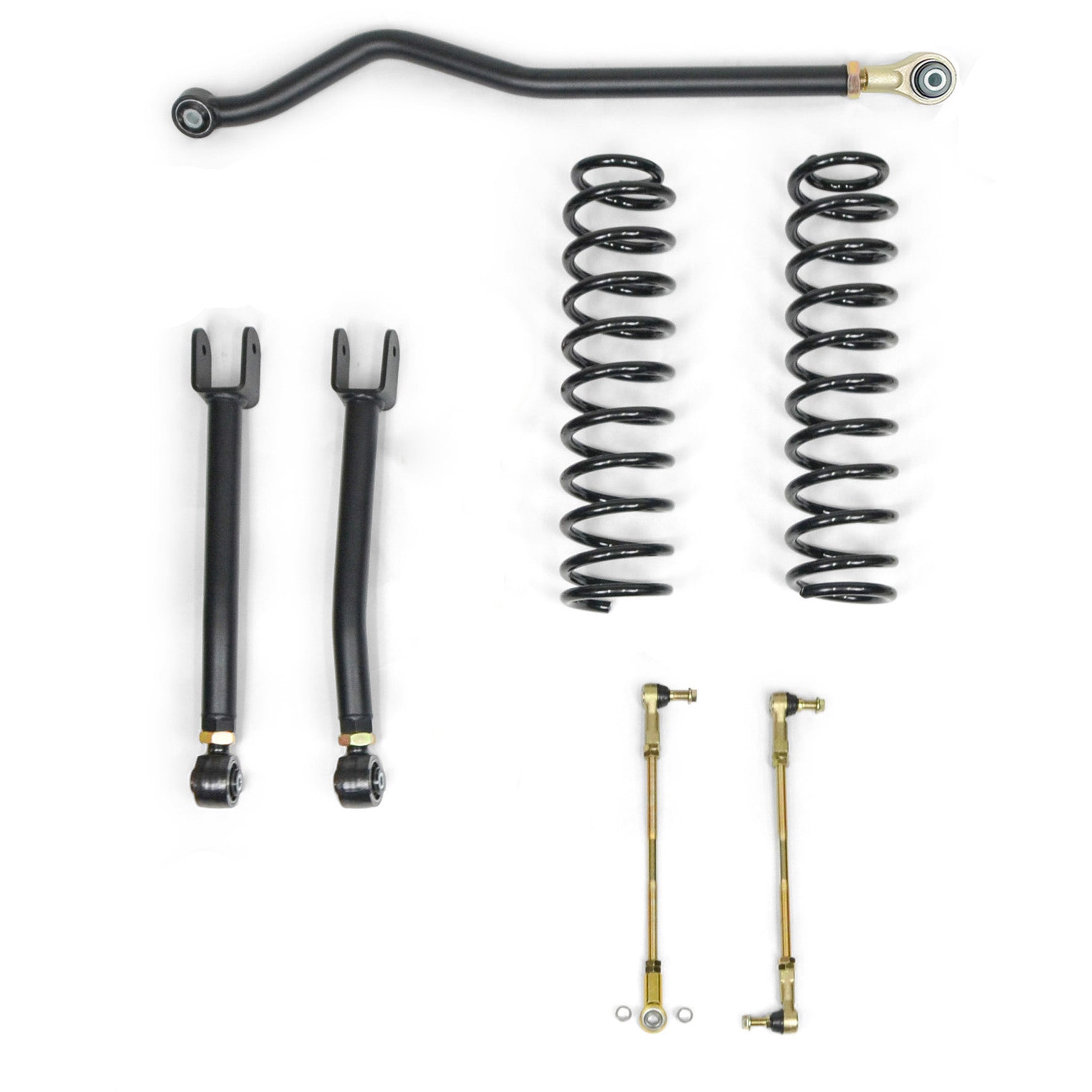 Off-road suspension lift kit with black coil springs, control arms, and sway bar links