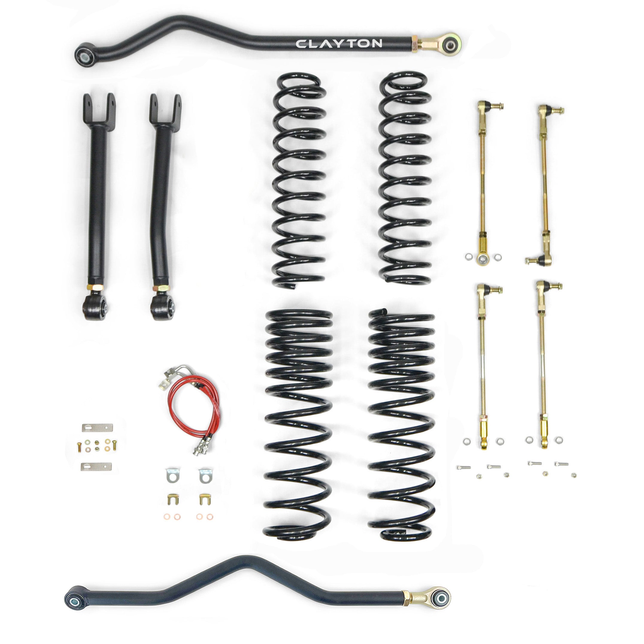 Jeep Wrangler suspension lift kit with springs, control arms, sway bars, and hardware.
