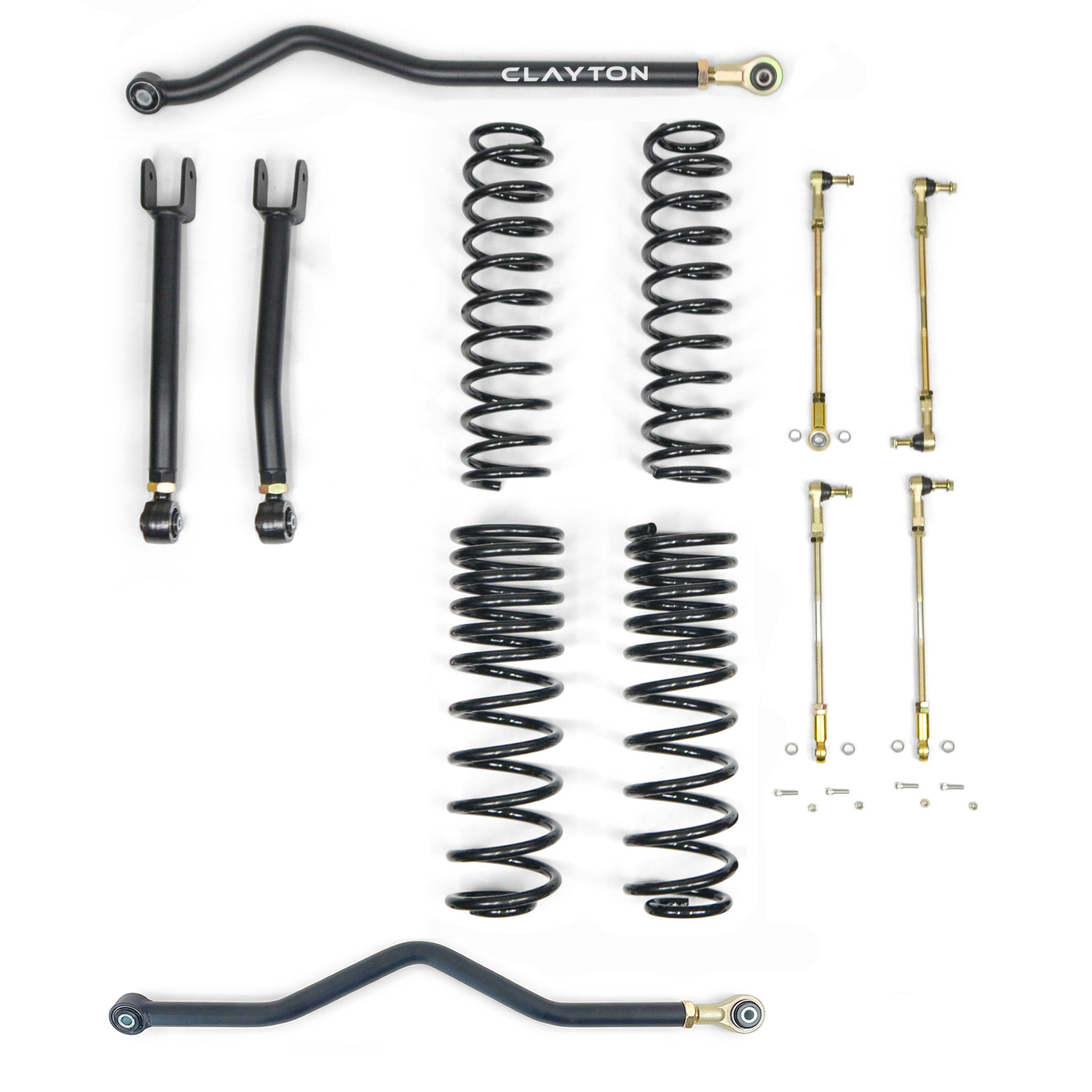 Off-road suspension lift kit with control arms, coil springs, and sway bar components