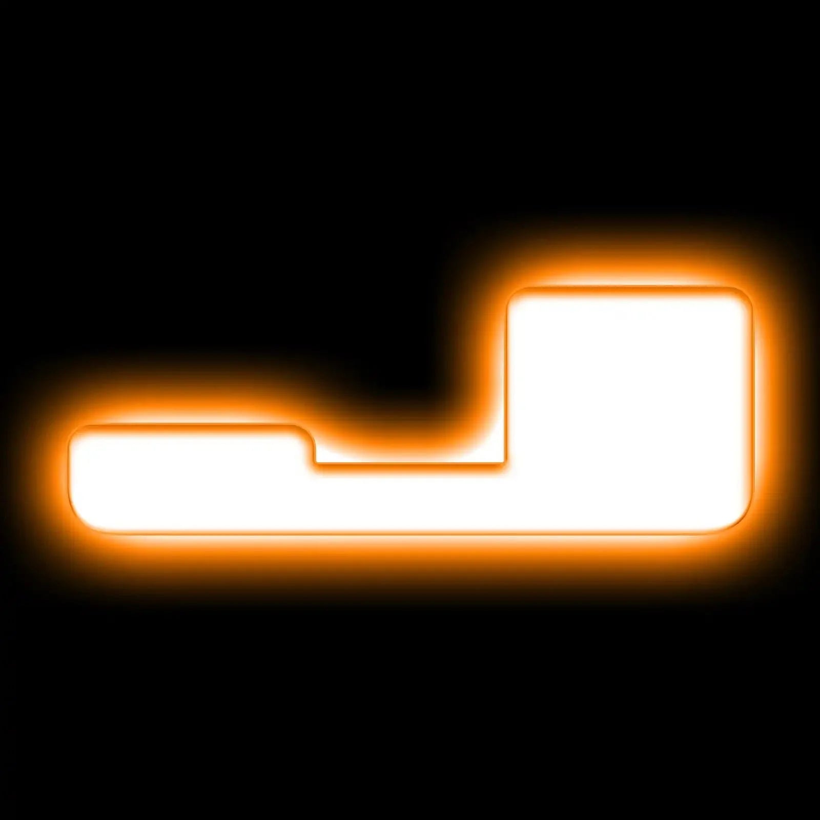 Glowing L-shaped overland vehicle accessory outline with orange light on black background.