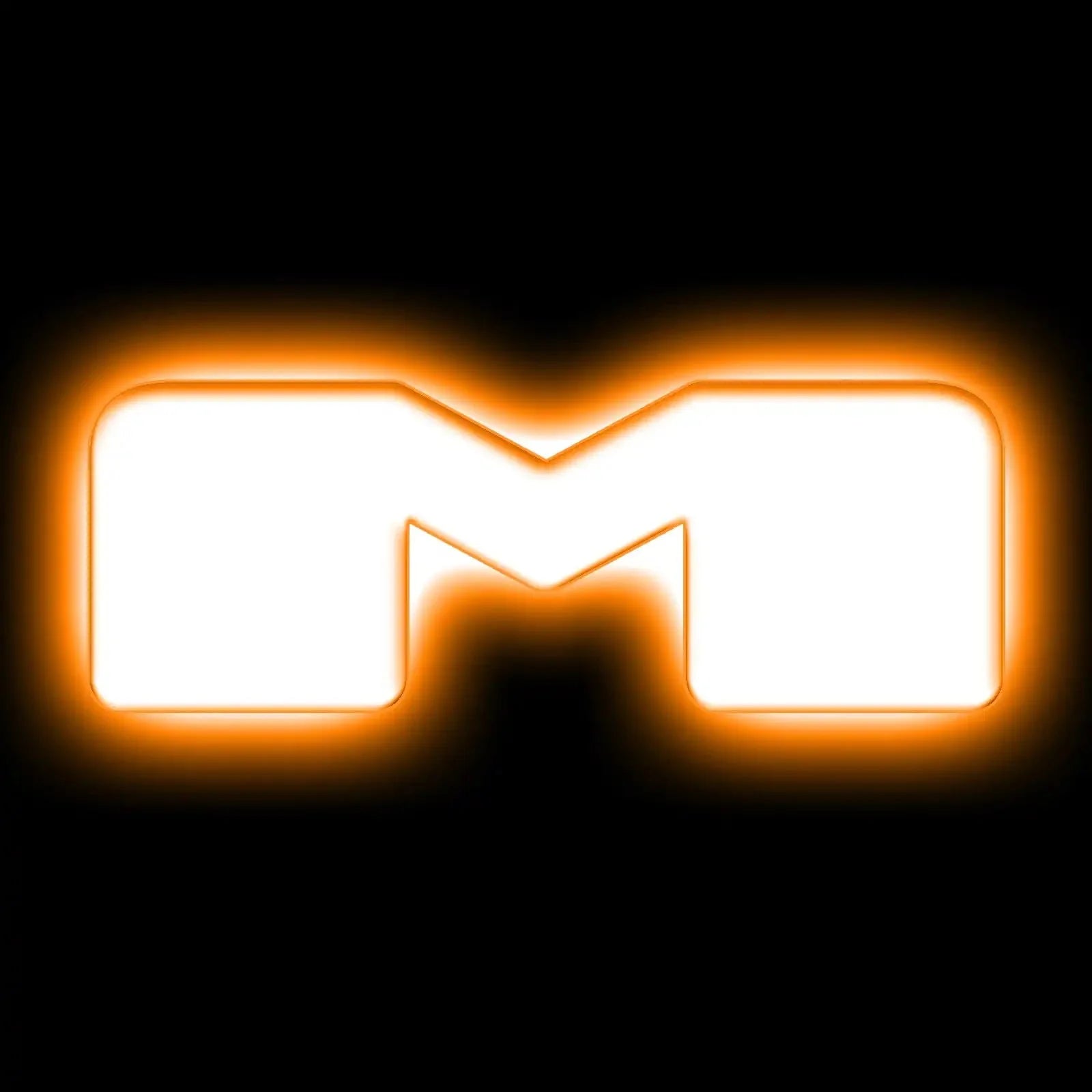 Glowing white M logo with orange outline on black background, adventure gear branding