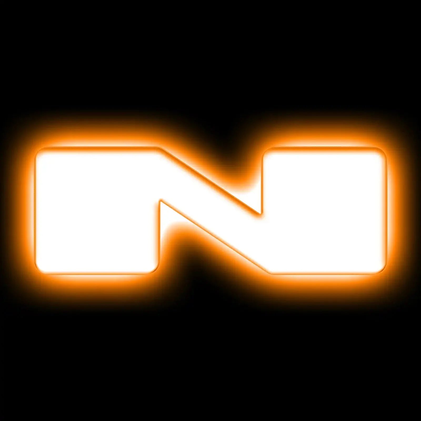 Glowing orange and white stylized N logo on black background, overland gear emblem