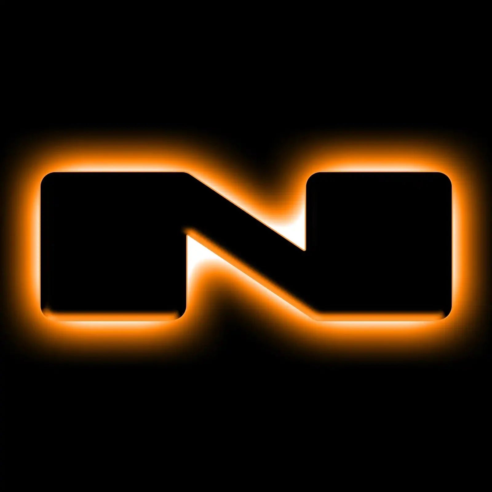 Stylized N logo with orange neon glow, black background, adventure gear branding