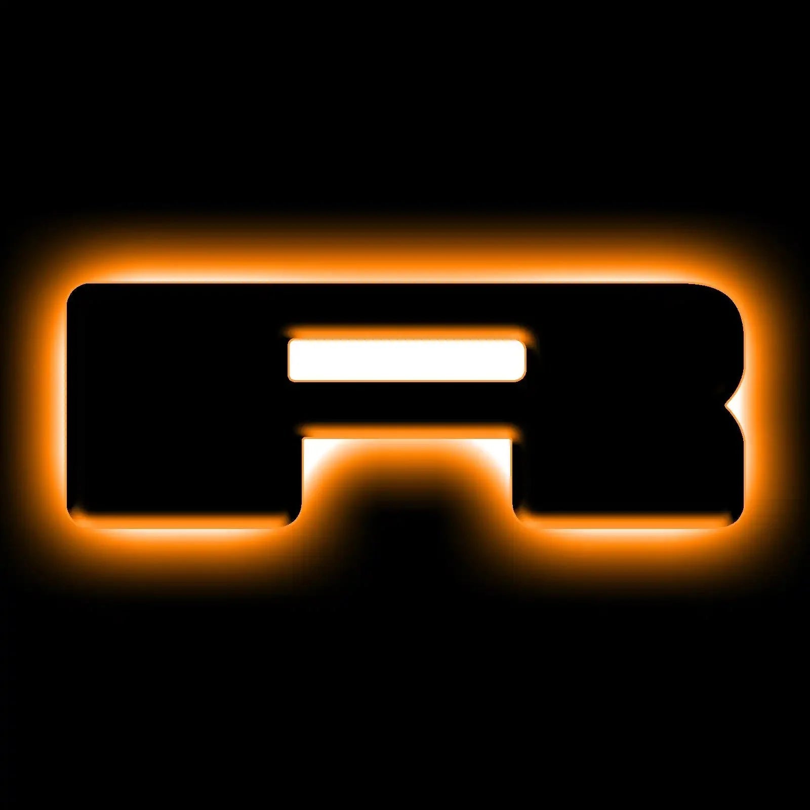 Illuminated orange glowing badge emblem with modern cutout design on black background