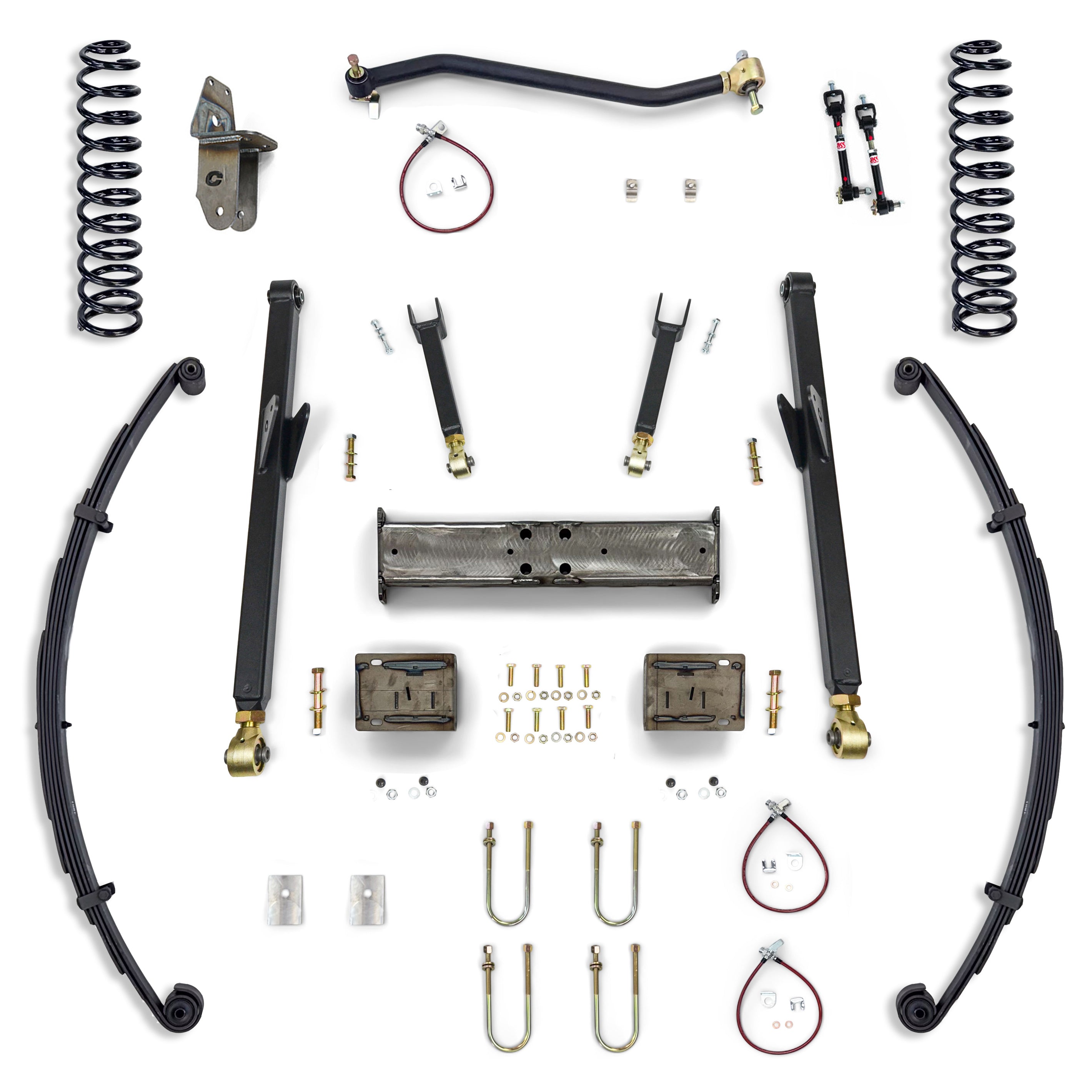 Overland suspension lift kit with leaf springs, coils, control arms, hardware for off-road vehicles