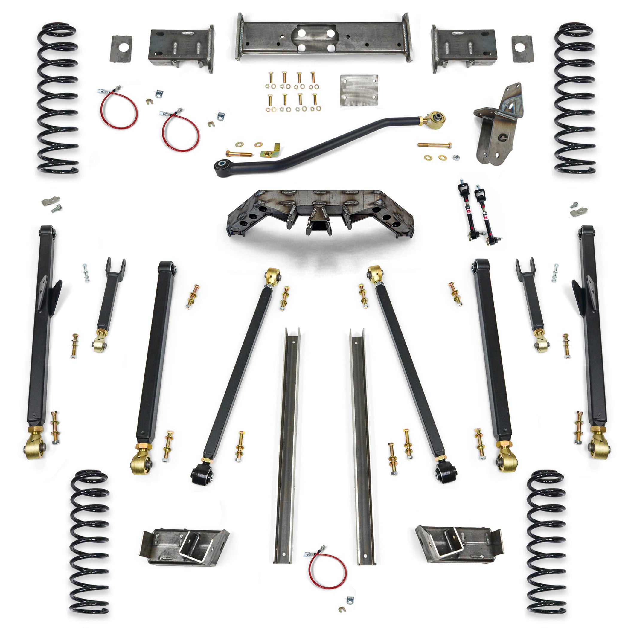 Suspension lift kit with control arms, coil springs, brackets, and hardware for off-road vehicles