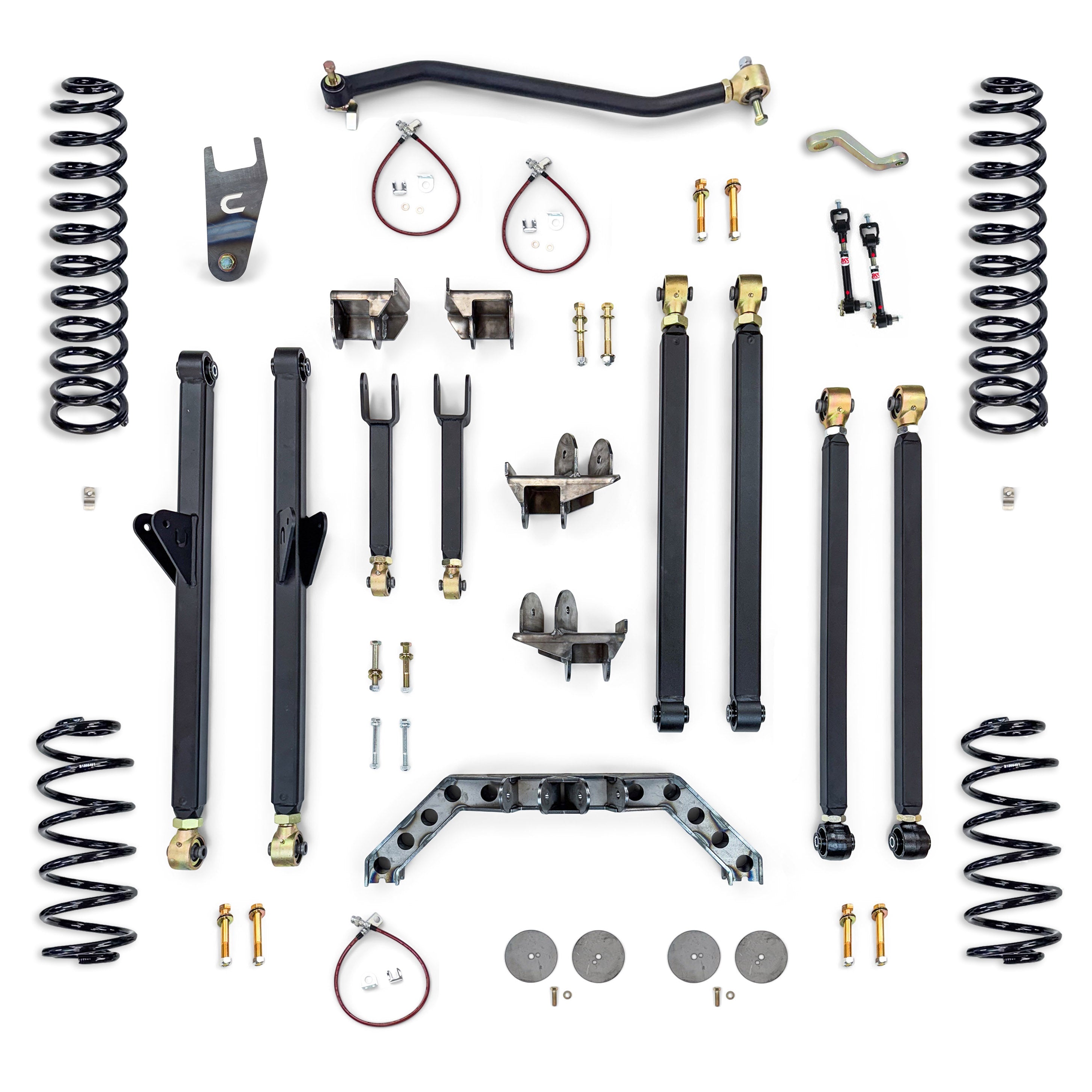 Full vehicle suspension lift kit with control arms, coil springs, brackets, and hardware for off-road and overlanding trucks.