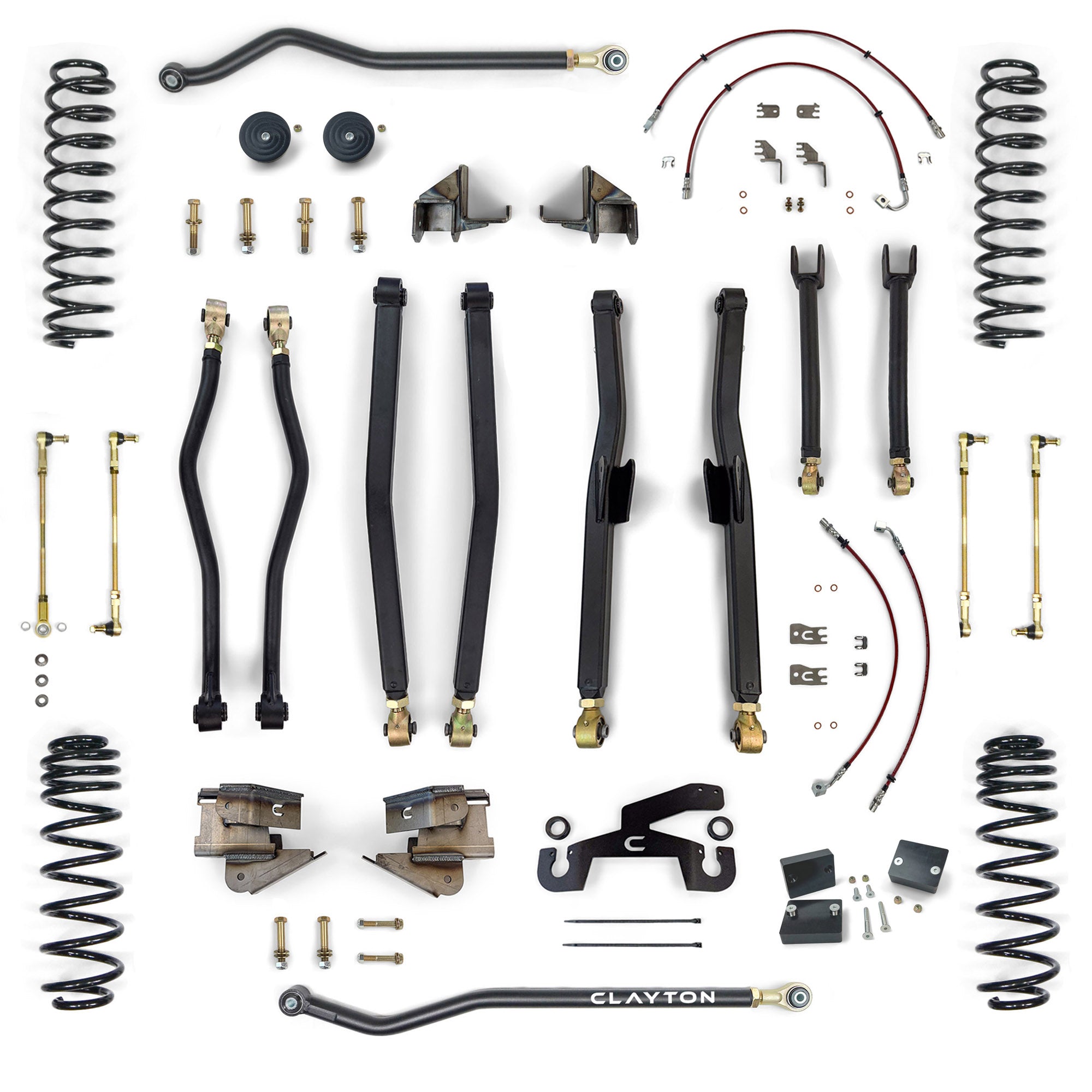Full suspension lift kit with control arms, springs, brackets, sway bar links for off-road vehicles