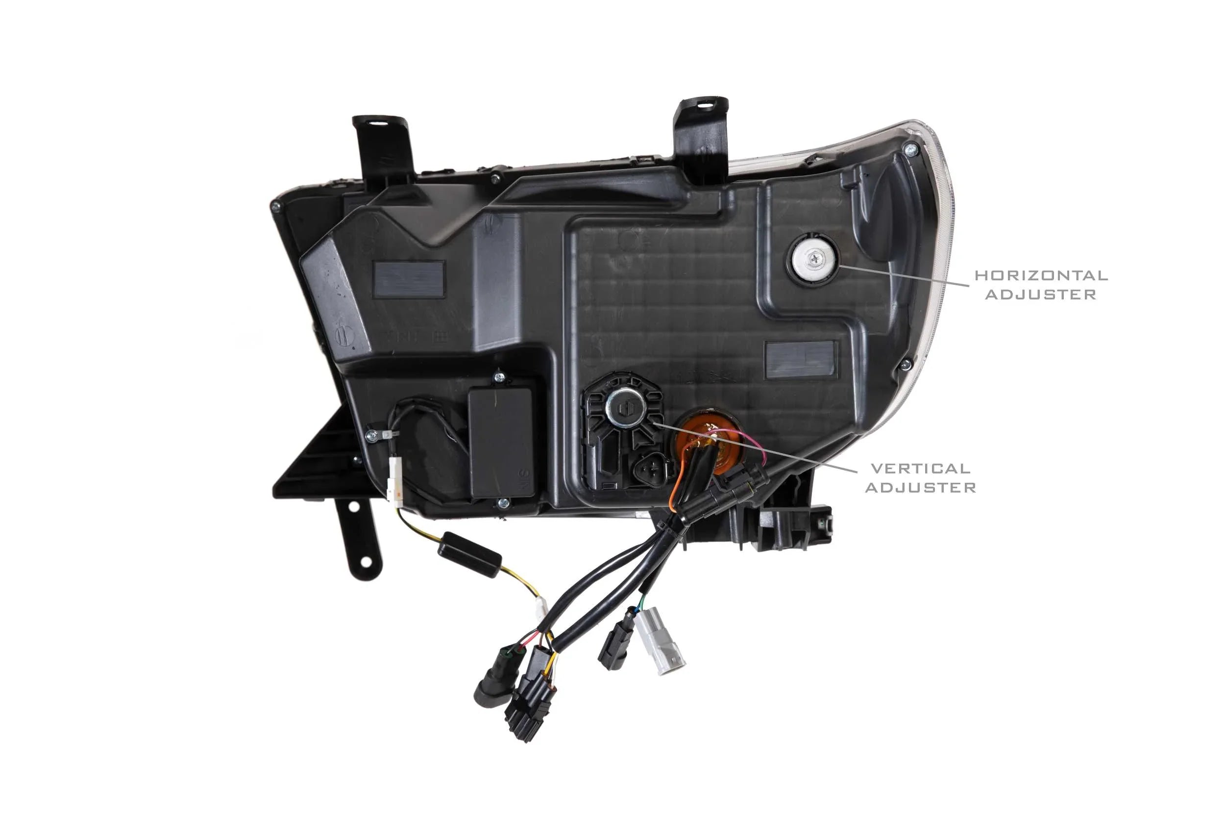 Toyota Tundra 2007-2013 XB LED headlight housing rear view with wiring and adjusters