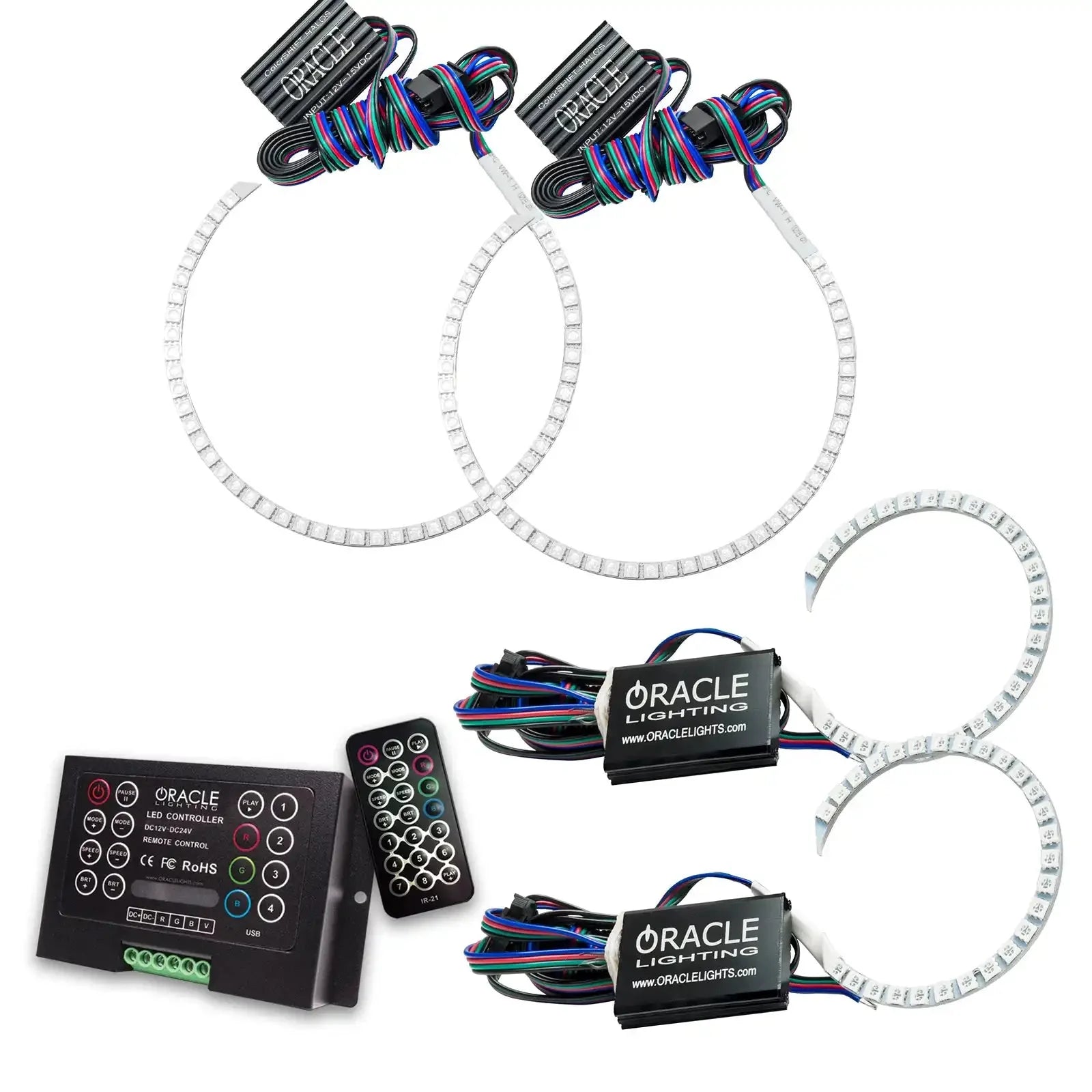 LED halo ring light kit with wiring, controllers, and remote for off-road vehicle headlights