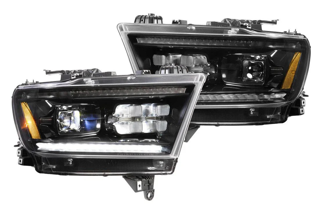 Pair of black LED headlights for Ram 1500, modern design with clear lenses and amber accents