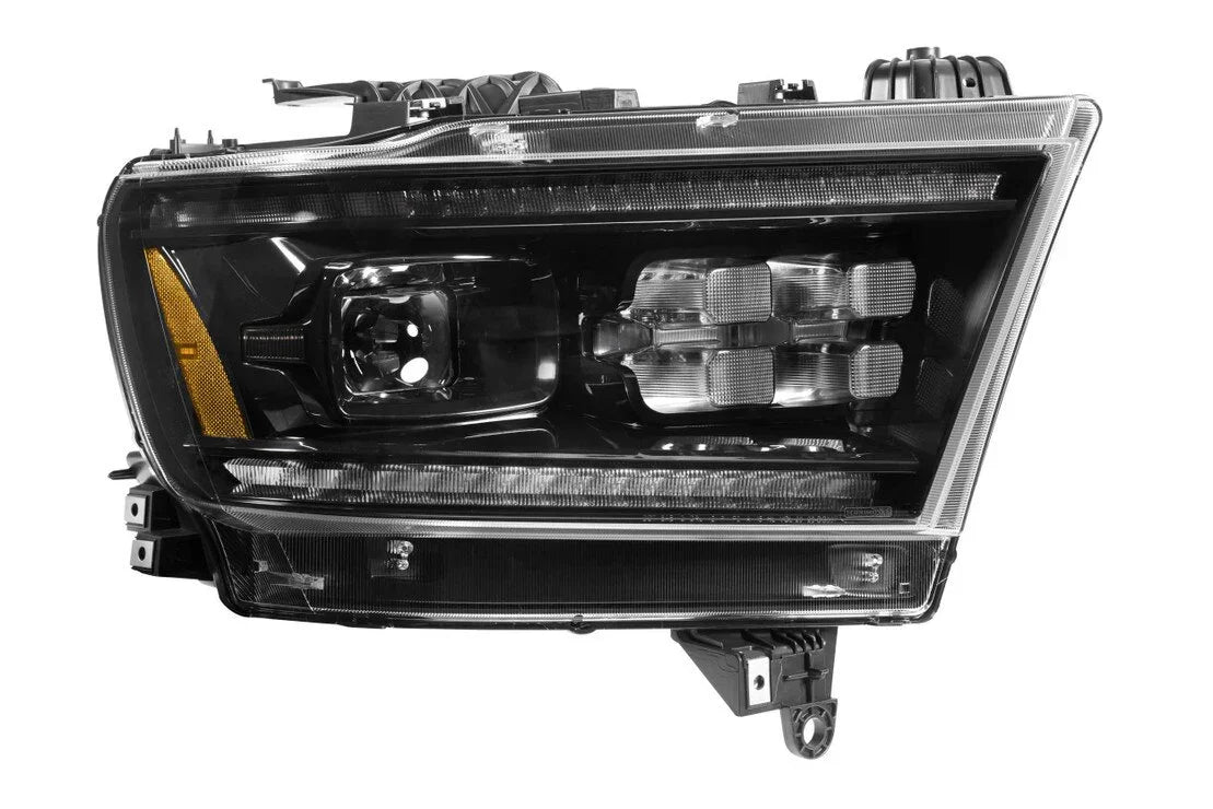 LED headlight assembly for Ram 1500, black housing with amber reflector, close-up view