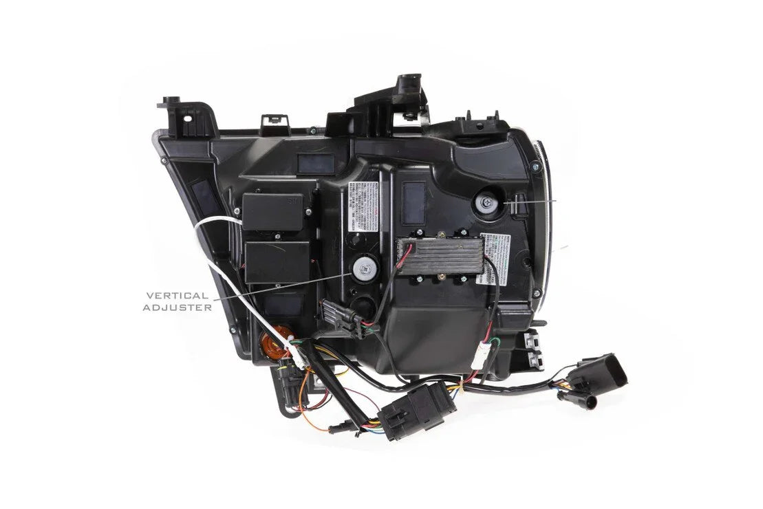 Rear view of LED headlight assembly for Ram 1500 with wiring and vertical adjuster