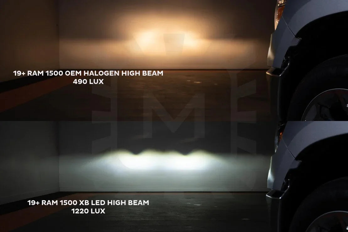 Comparison of 2019+ Ram 1500 OEM halogen vs XB LED high beam headlights showing light output