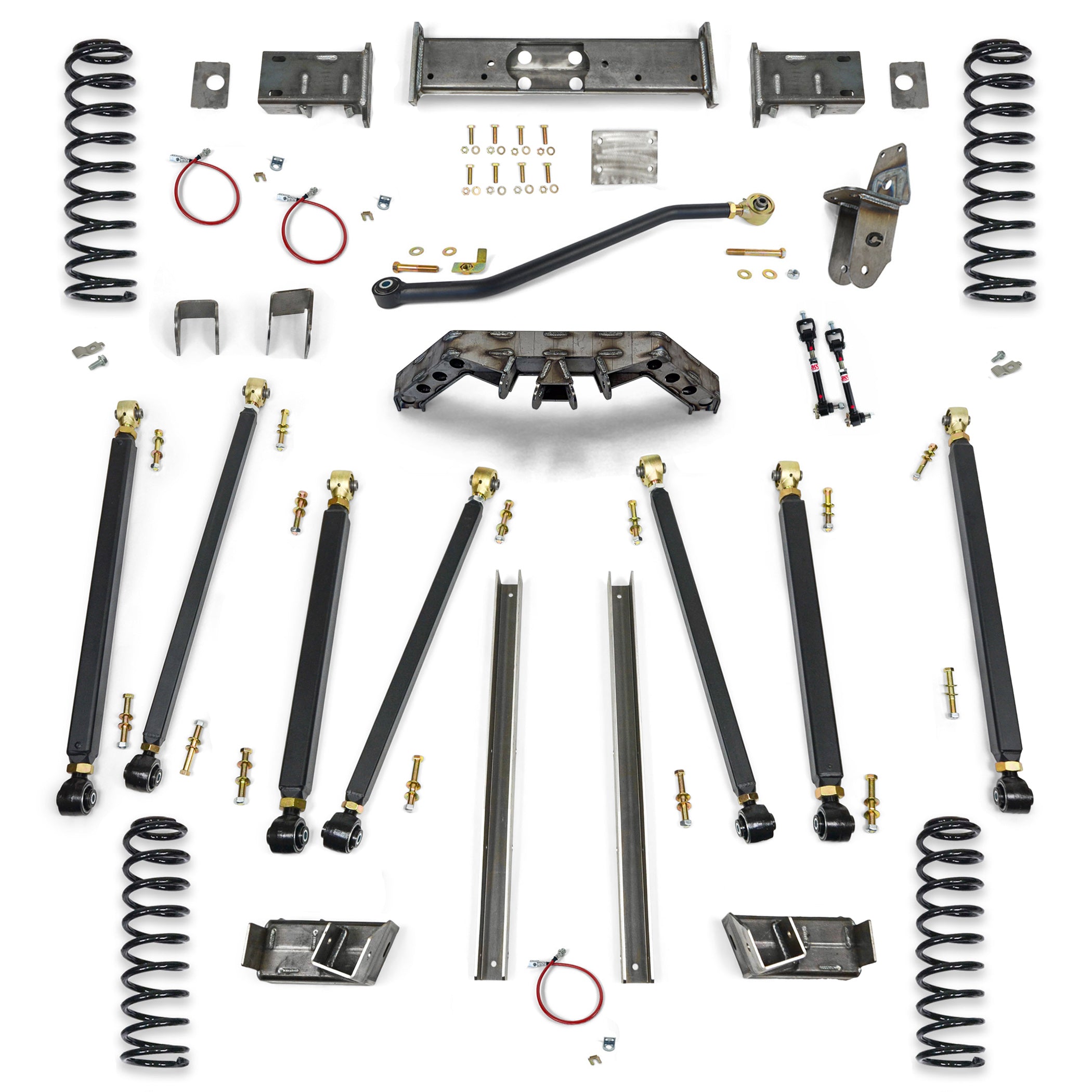 Complete off-road suspension lift kit with coil springs, control arms, brackets, and hardware for trucks or SUVs.