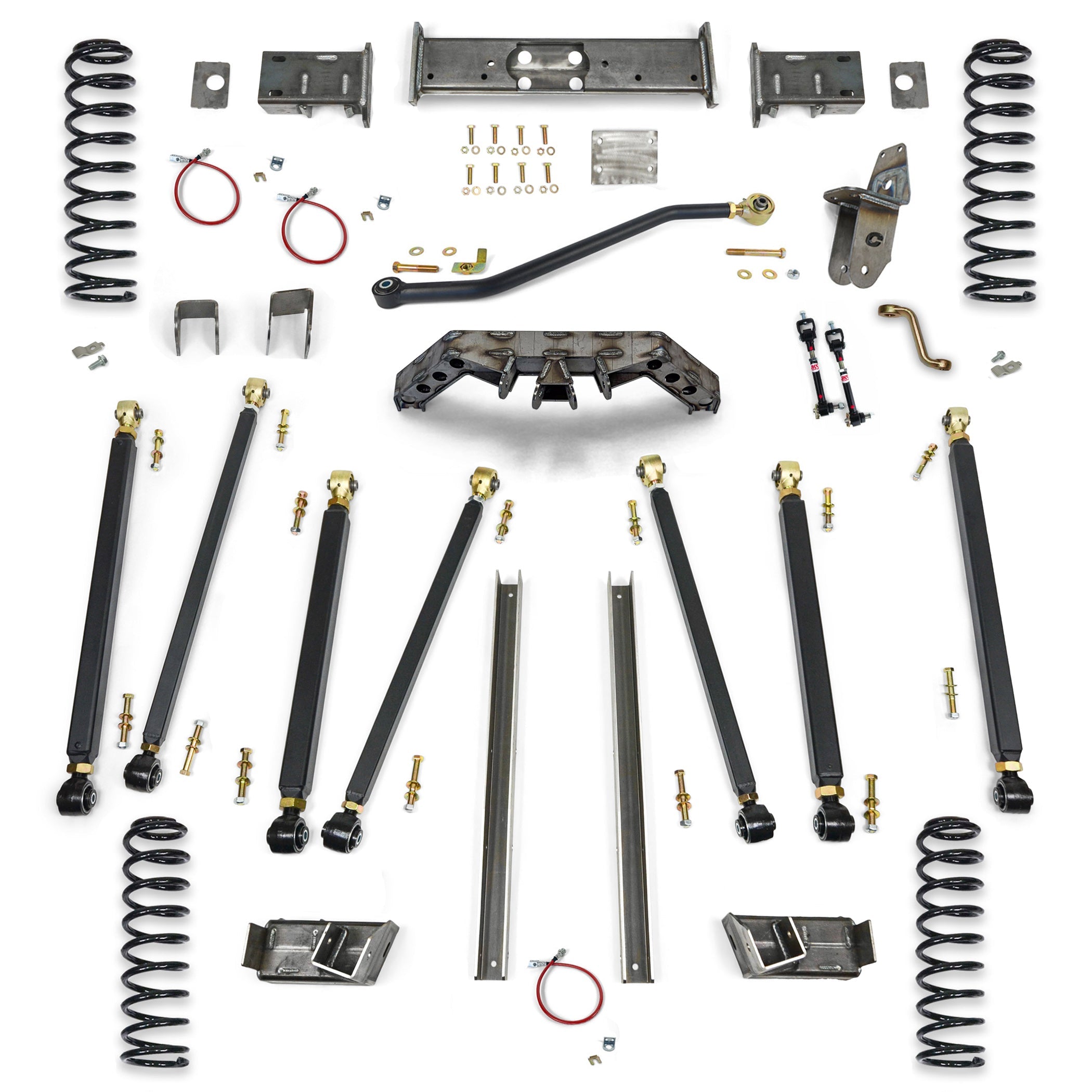 Off-road vehicle suspension lift kit with control arms, coil springs, and mounting hardware