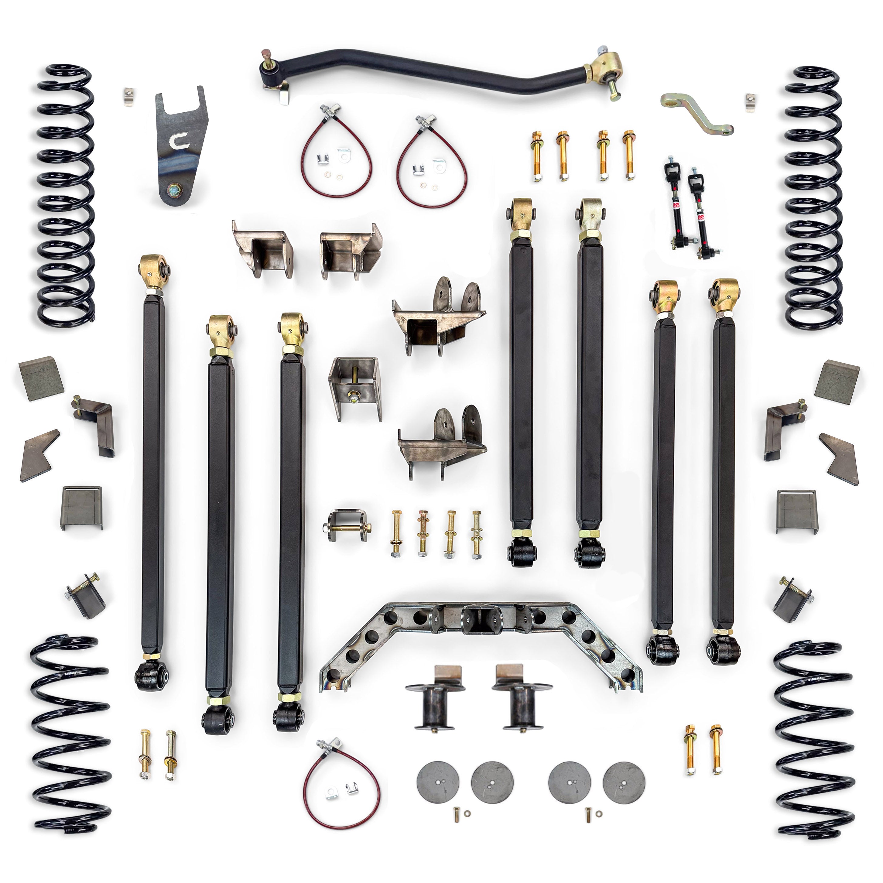 Complete off-road vehicle suspension lift kit with springs, control arms, brackets, and hardware.
