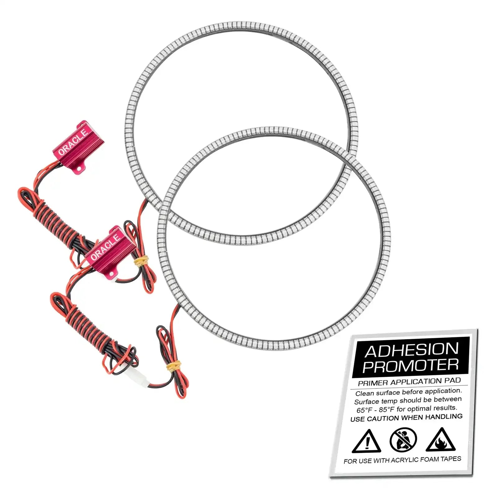 LED halo headlight rings kit with wiring and adhesion promoter for vehicle lighting upgrade