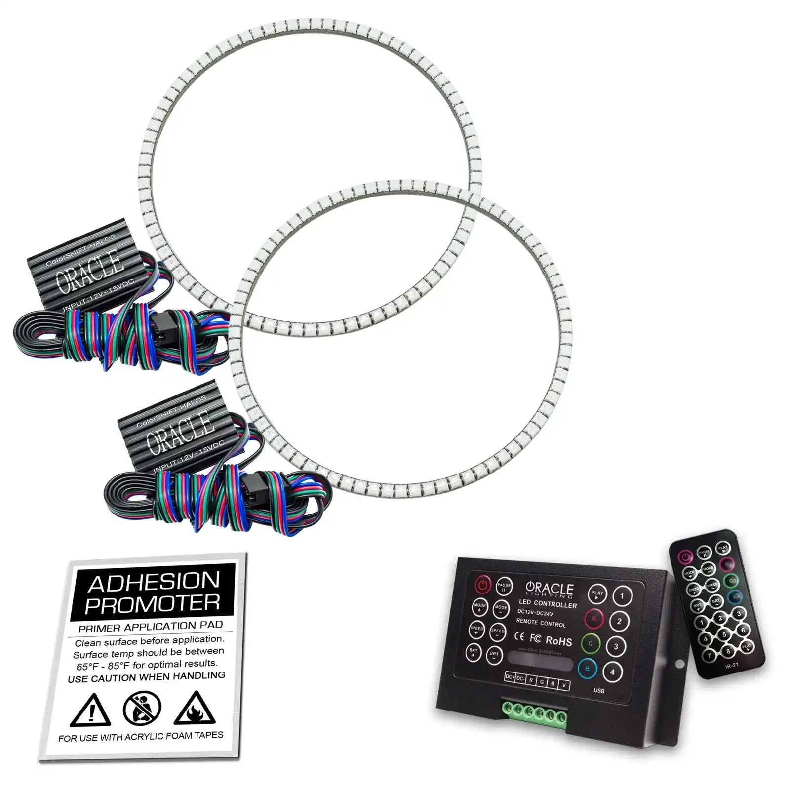LED halo rings headlight kit with wiring, controller, remote, and adhesion pad for vehicles