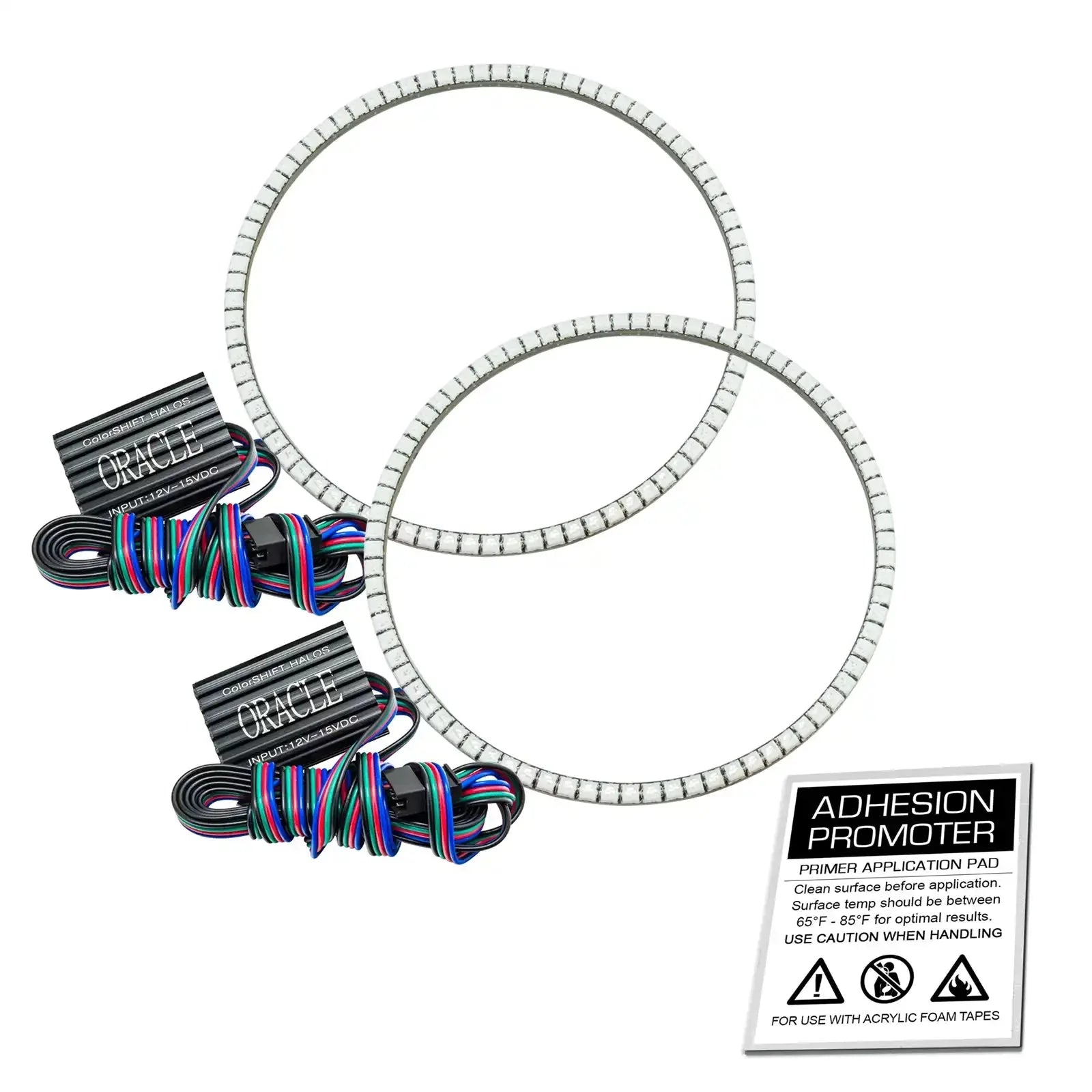 Pair of LED halo rings with wiring and adhesive promoter pad for vehicle headlight upgrade