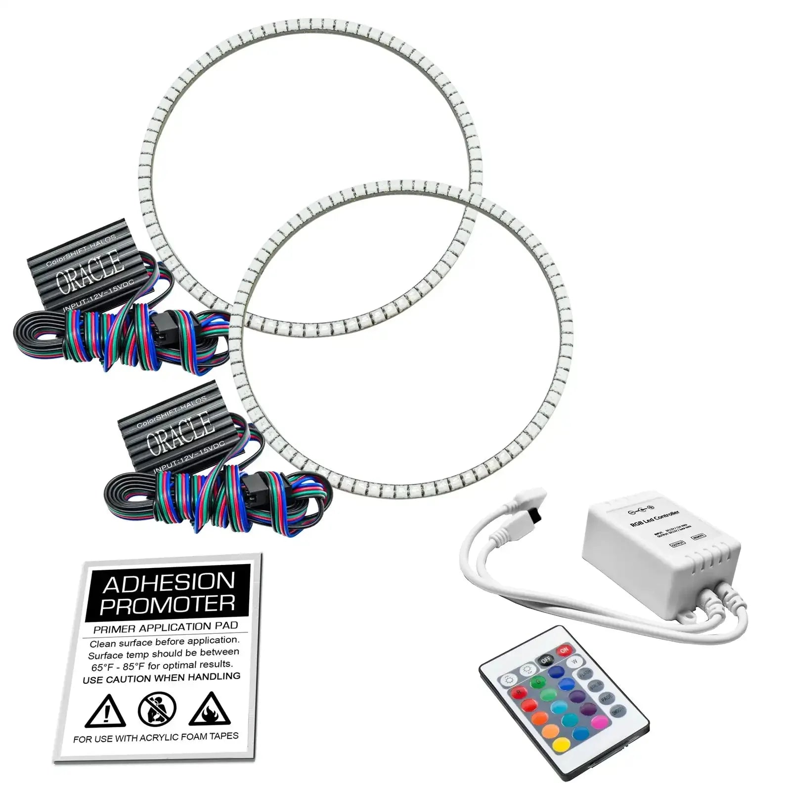 RGB LED halo headlight rings kit with wiring, remote, controller, and adhesion promoter pad