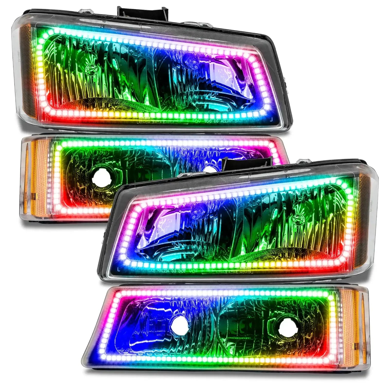 Pair of rectangular LED RGB halo headlights for trucks and SUVs, multi-color display, clear lens