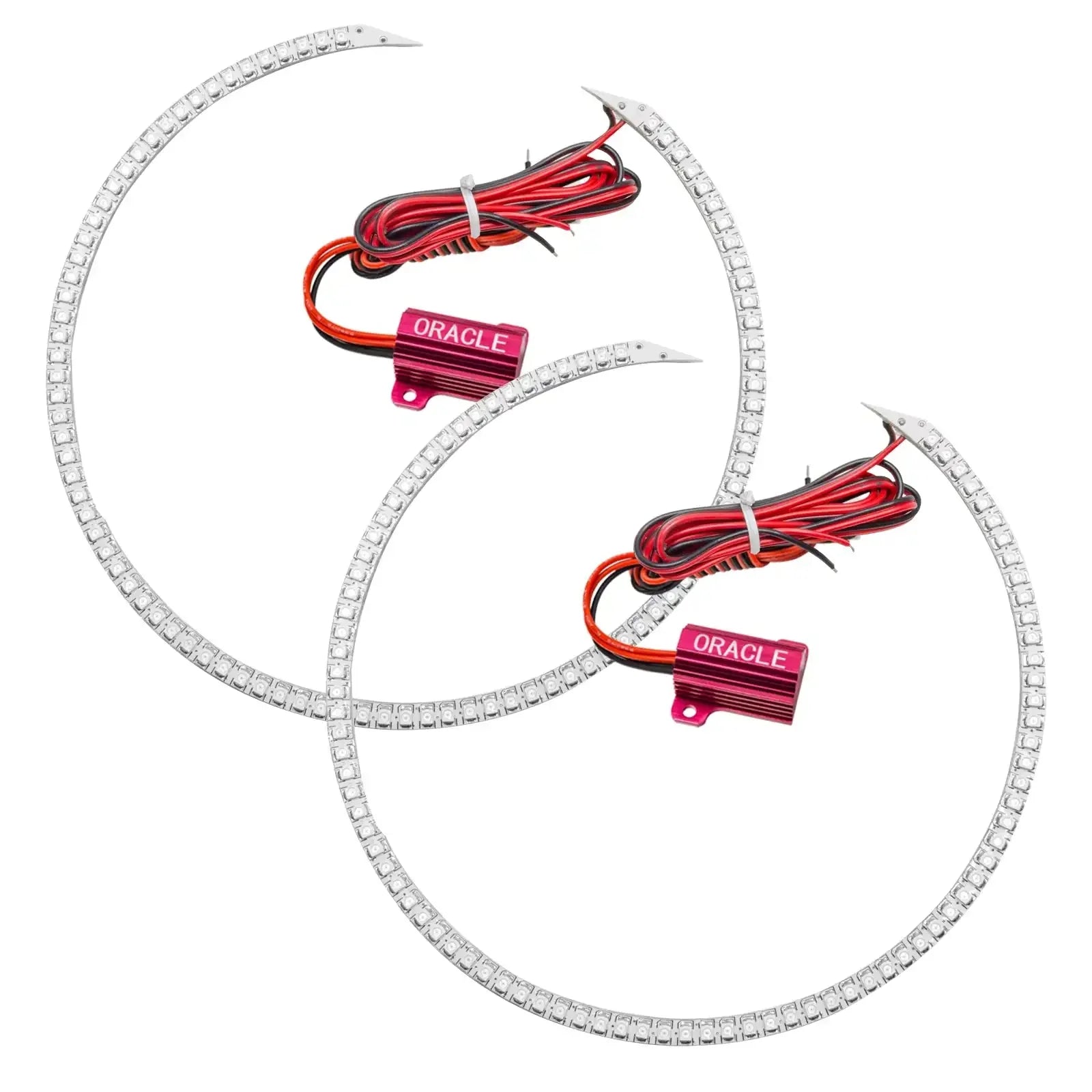 Pair of LED halo ring lights with wiring for vehicle headlights, overlanding accessory