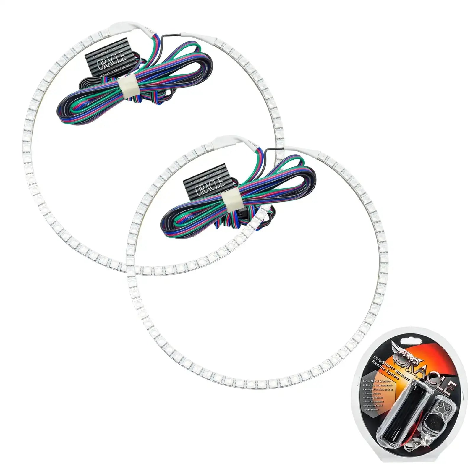 Pair of LED halo ring headlight kits with wiring and remote control for off-road vehicles