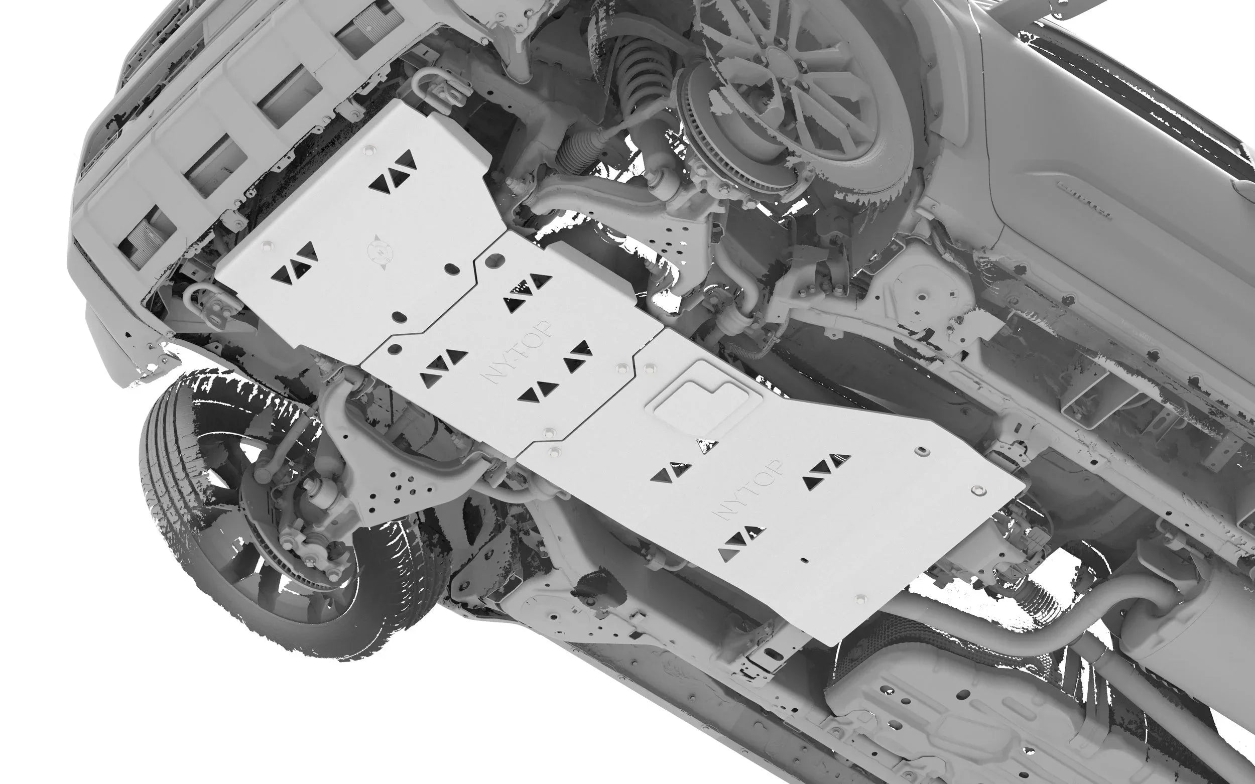Toyota 4Runner undercarriage with installed off-road skid plates for vehicle protection