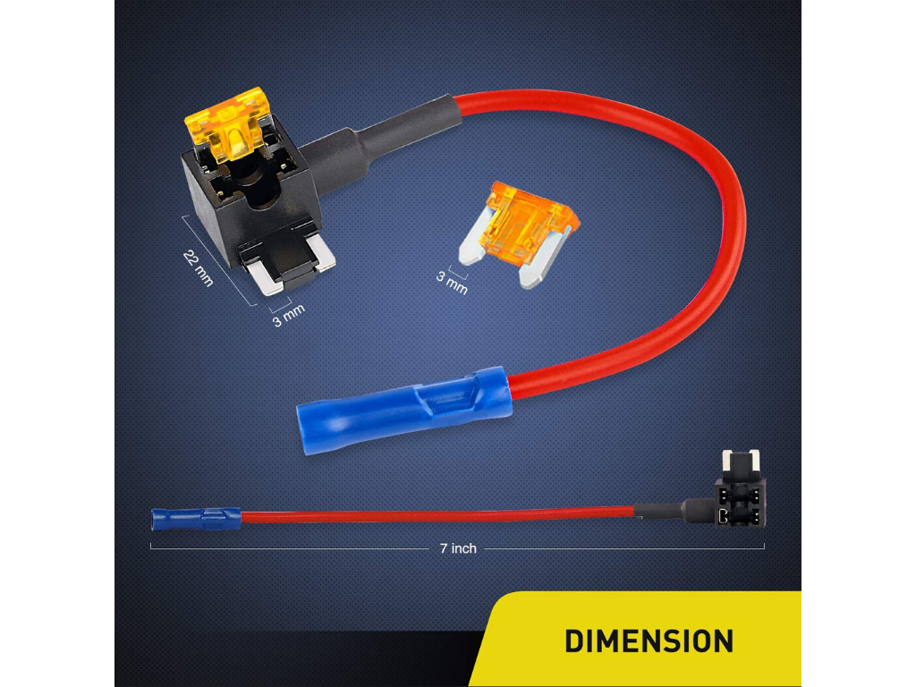 Add-a-circuit fuse tap with red wire, blue connector, mini blade fuse, and size dimensions.