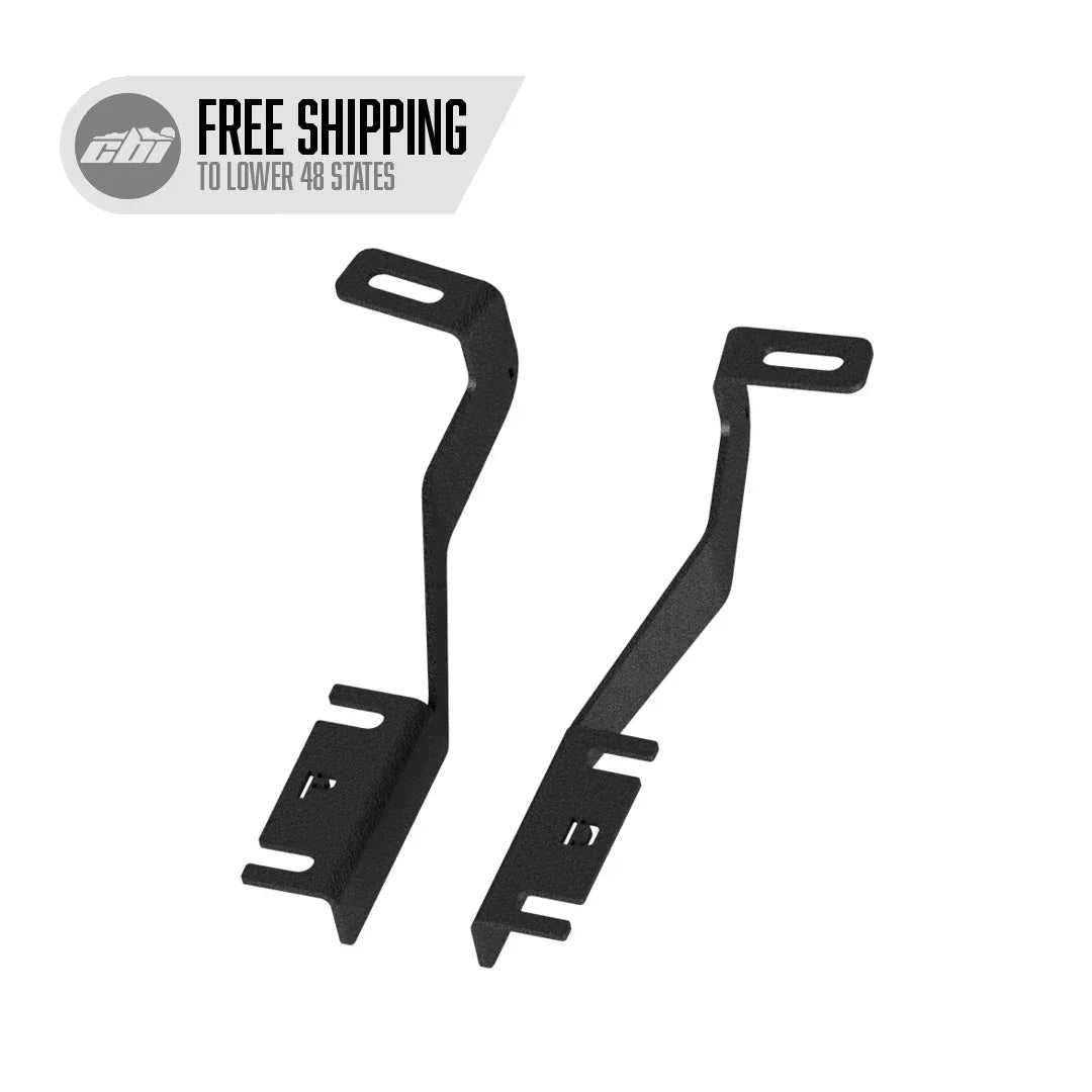 3rd gen Nissan Frontier ditch light brackets black metal pair on white background