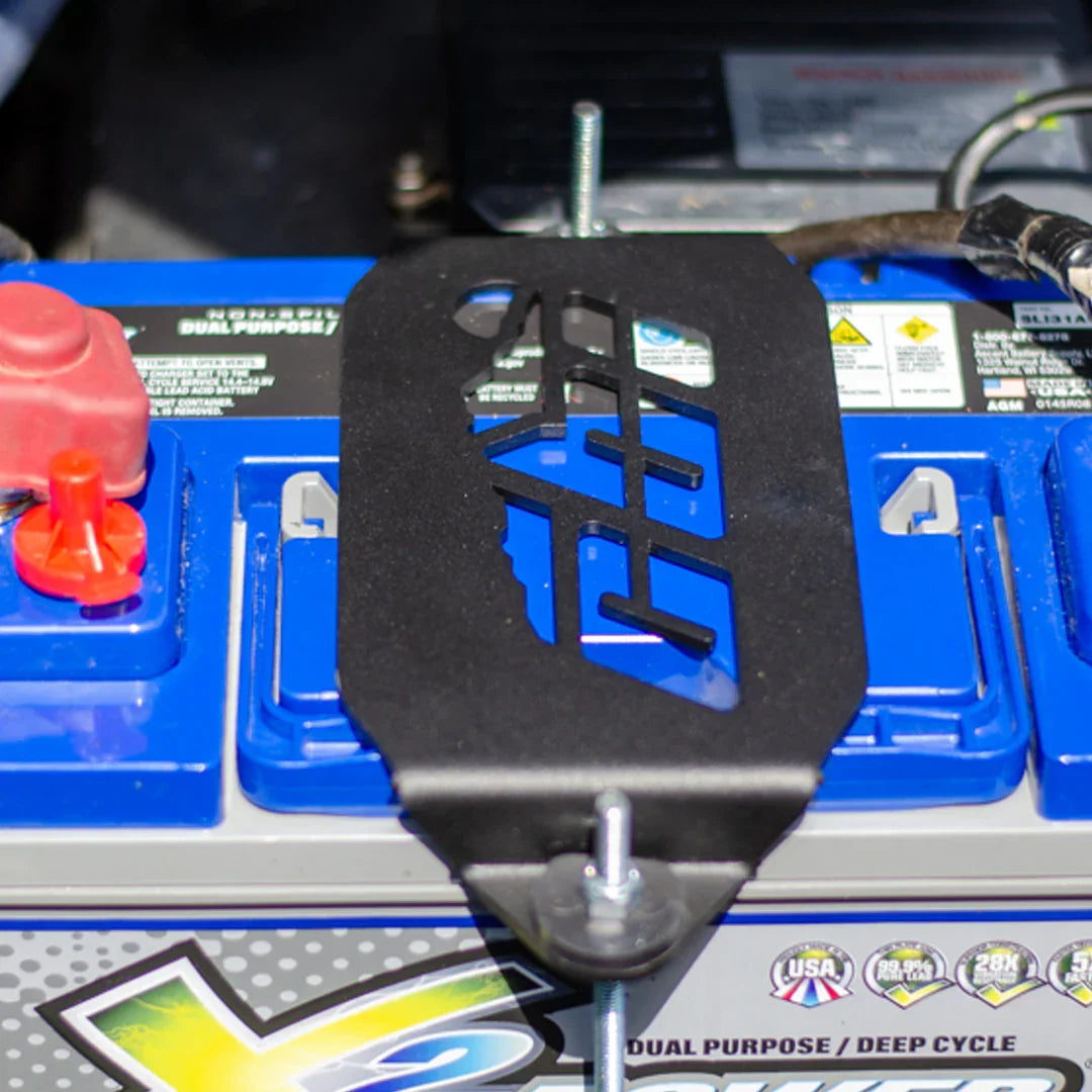 Toyota 4Runner Group 31 battery tray installed on blue car battery for 1995.5-2002 model
