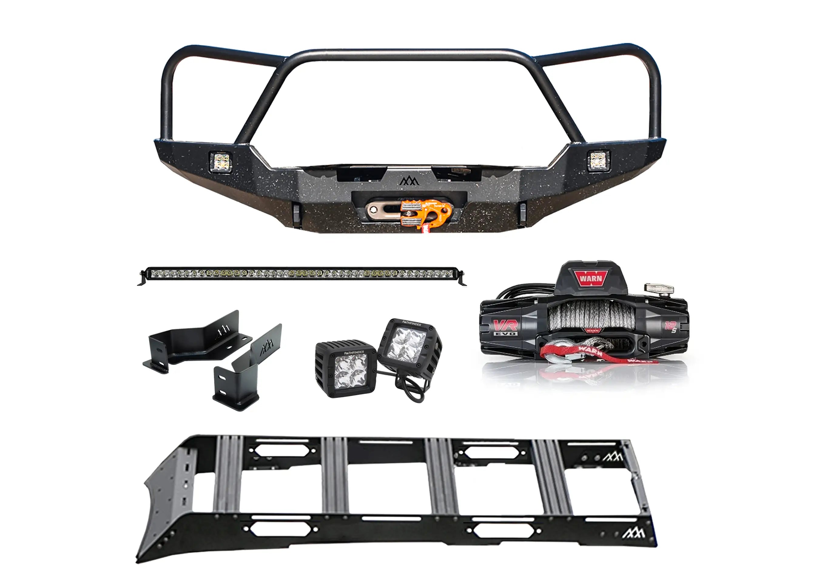 Backwoods Adventure Mods 3rd Gen Toyota Tacoma Essentials Off Road Kit bundle including Hi-Lite Series Front Bumper, Warn VR Evo 12s Winch, DRIFTR roof rack, heavy-duty frame brackets, and Pathfinder Off Road Lights