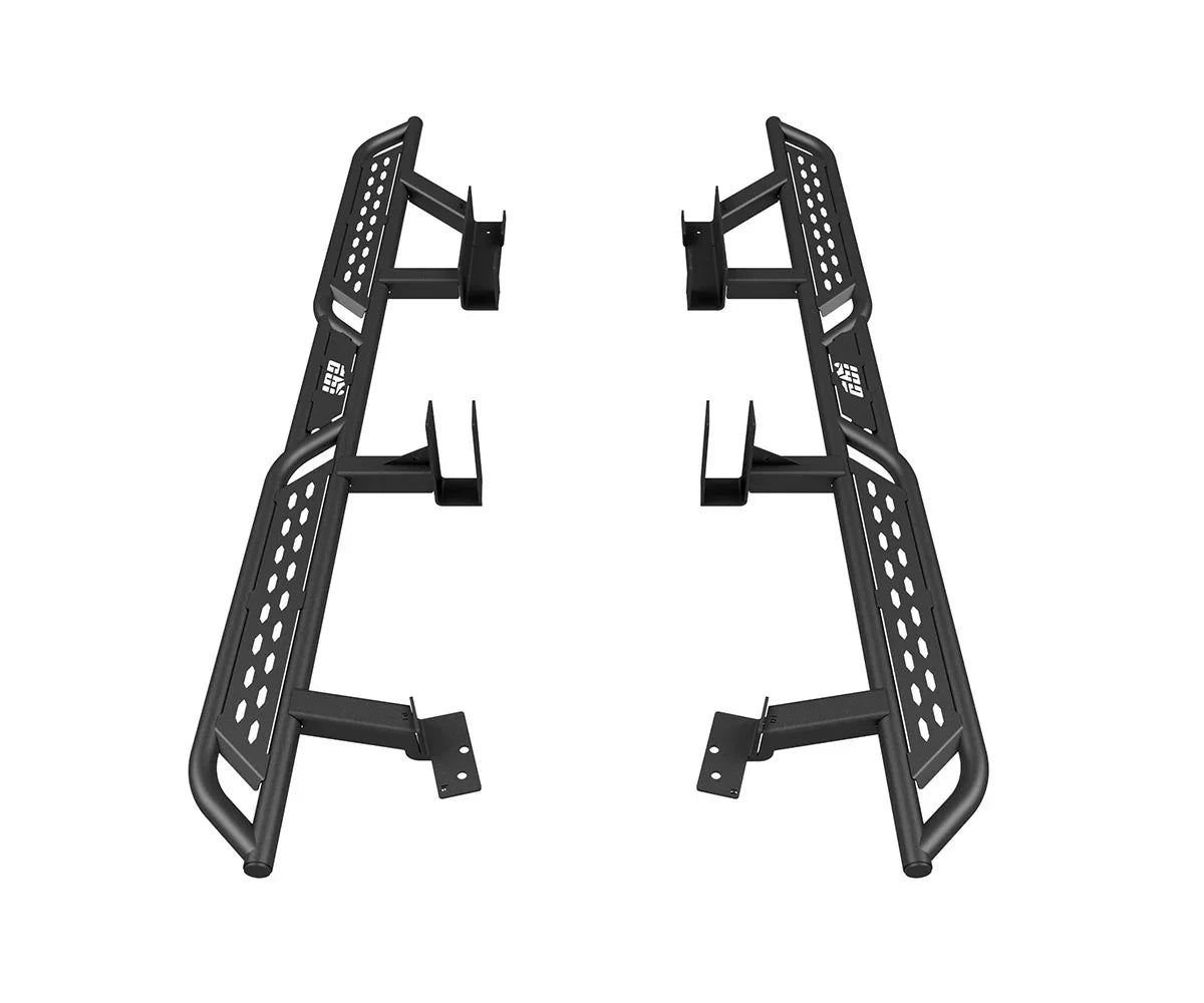 Pair of black steel rock sliders with mounting brackets for Toyota Tacoma off-road vehicles