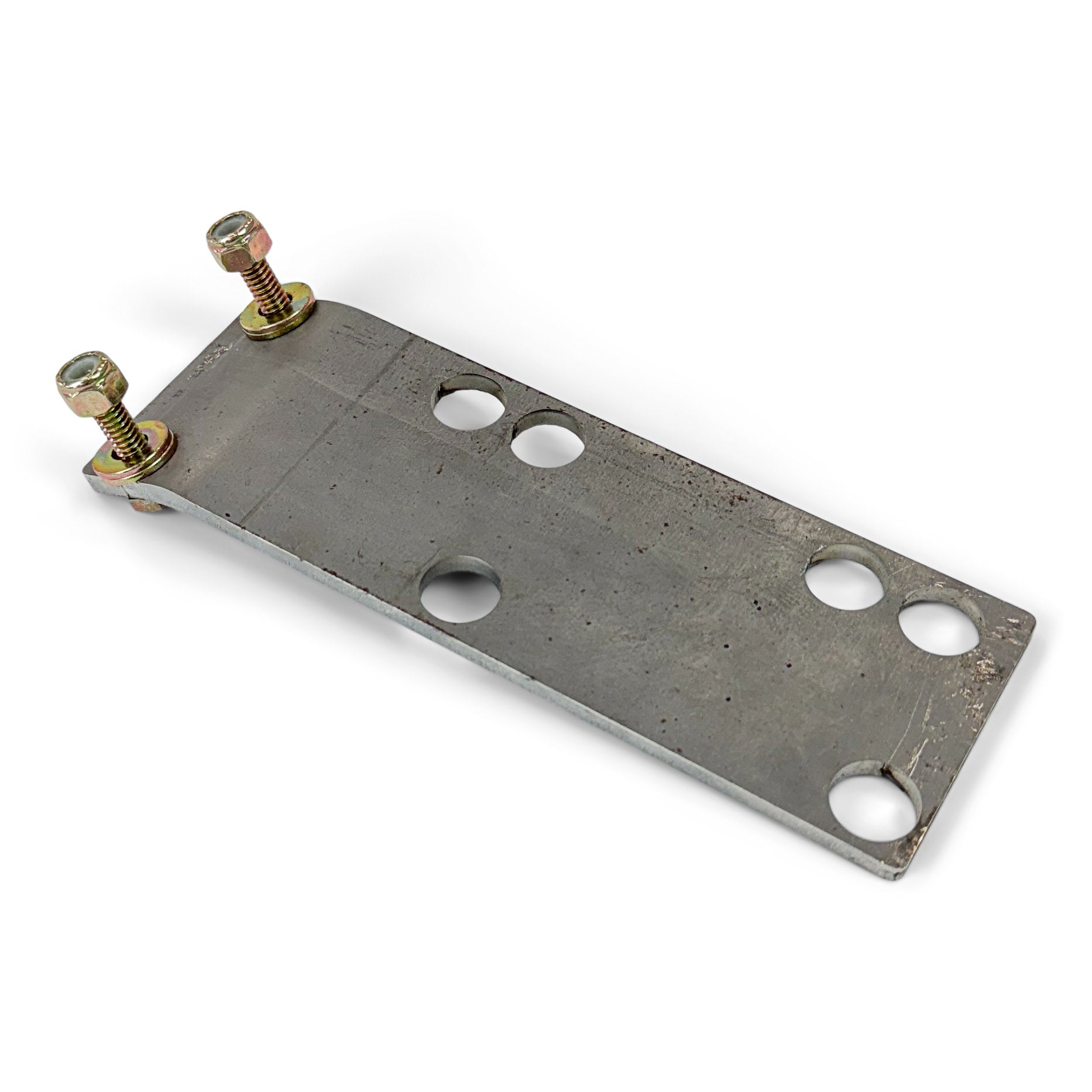 Steel mounting bracket plate with multiple holes and two attached bolts, for vehicle accessories.