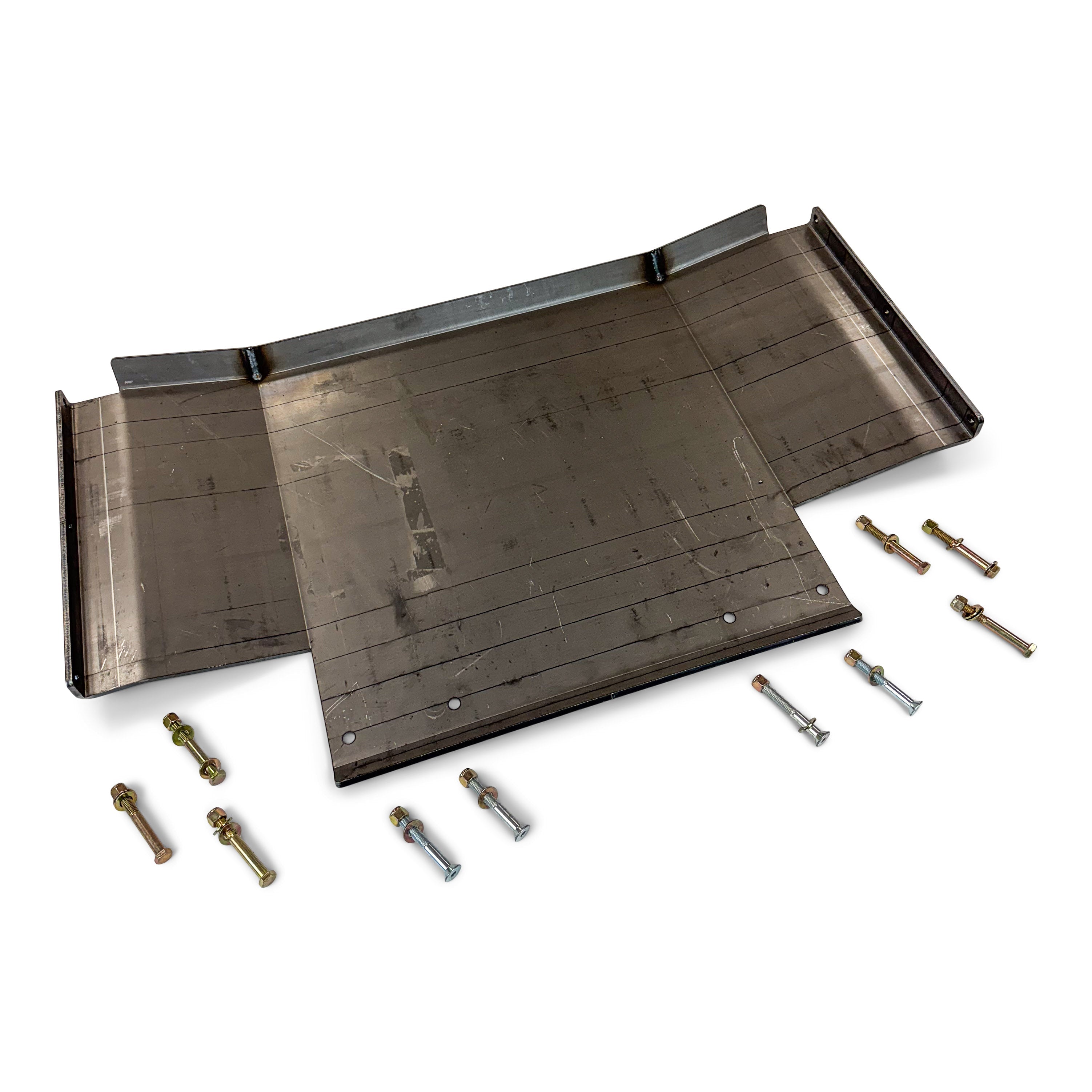 Steel skid plate with installation bolts for off-road vehicle undercarriage protection