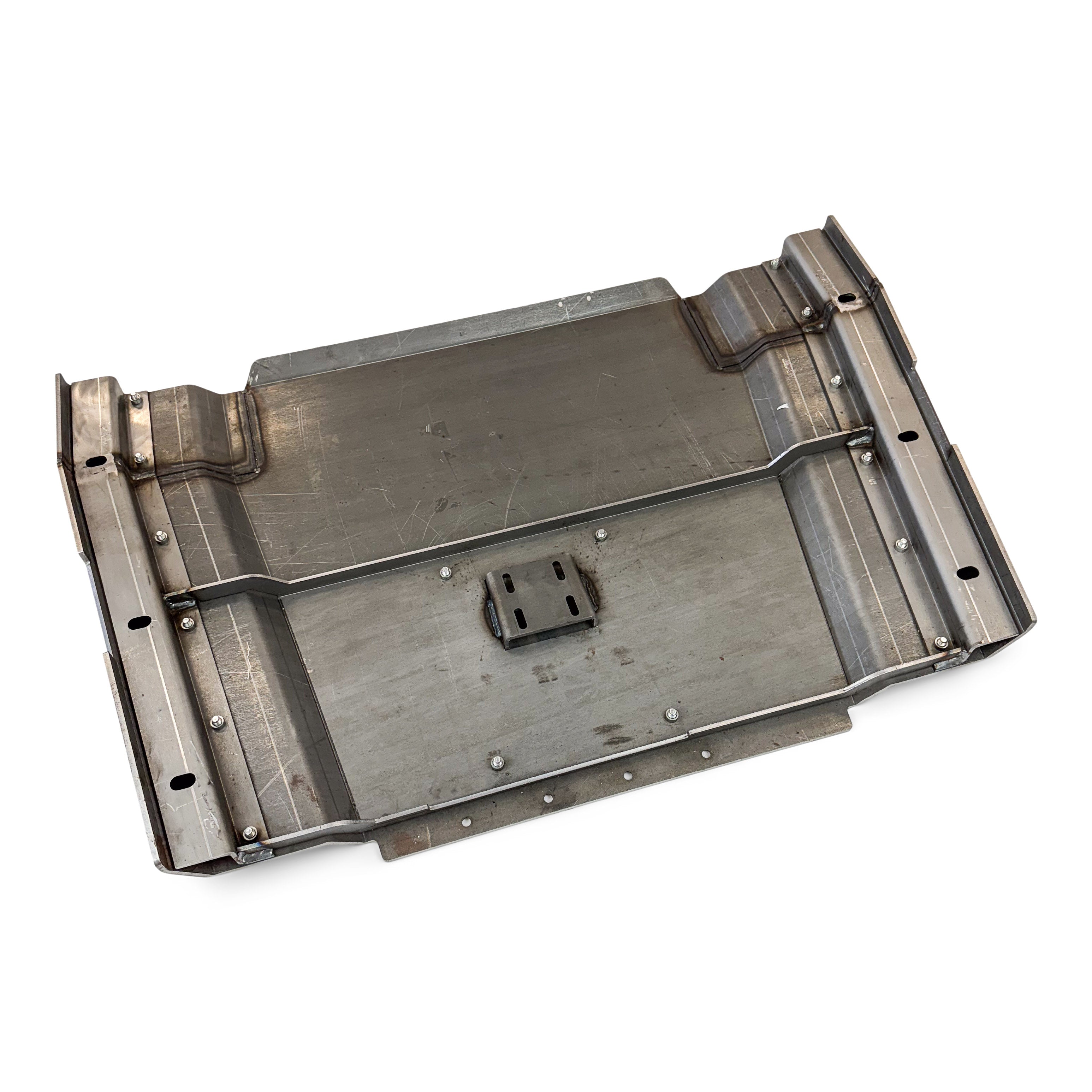 Steel skid plate for off-road vehicle undercarriage protection, isolated on white