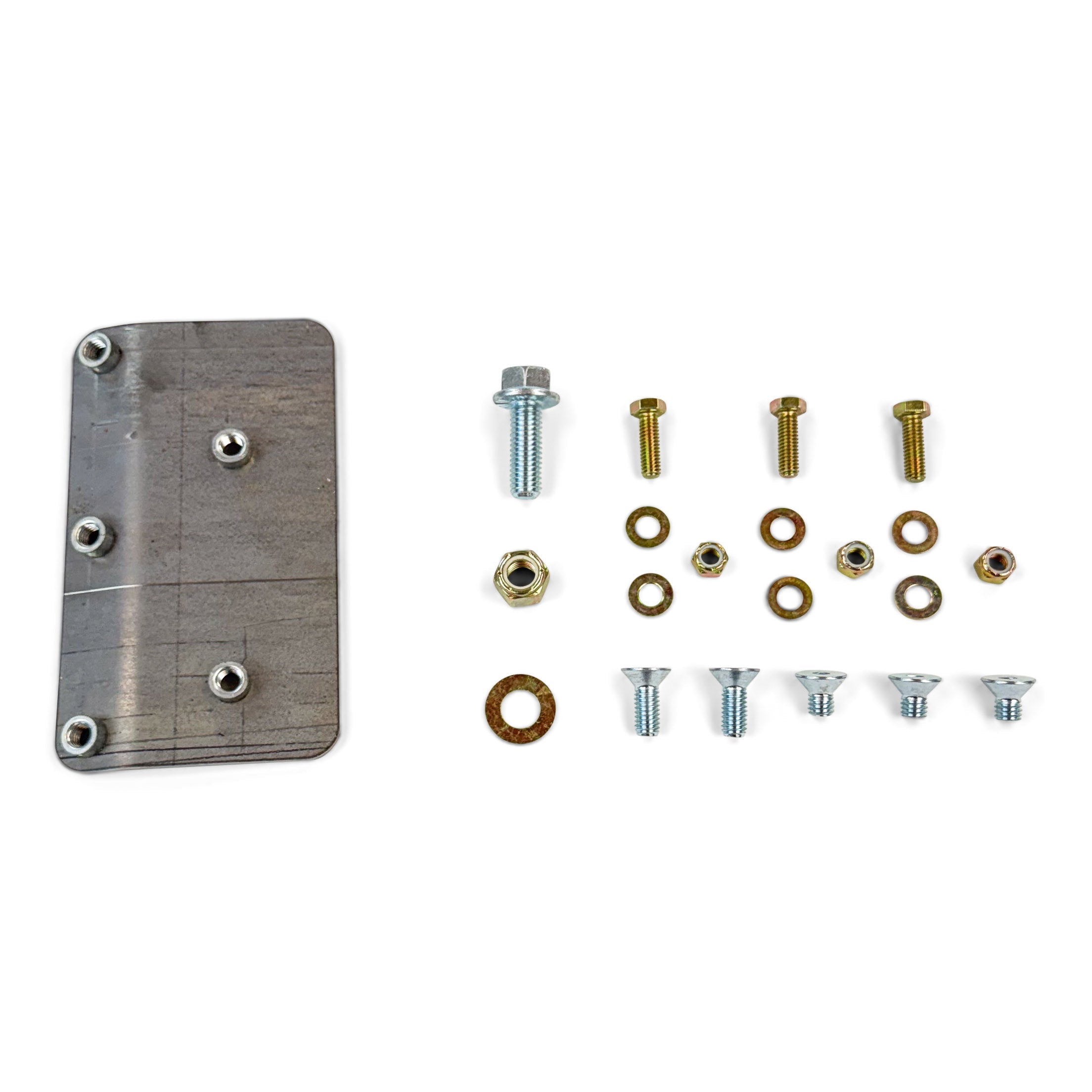 Metal mounting bracket with assorted bolts, washers, and nuts for off-road vehicle accessories