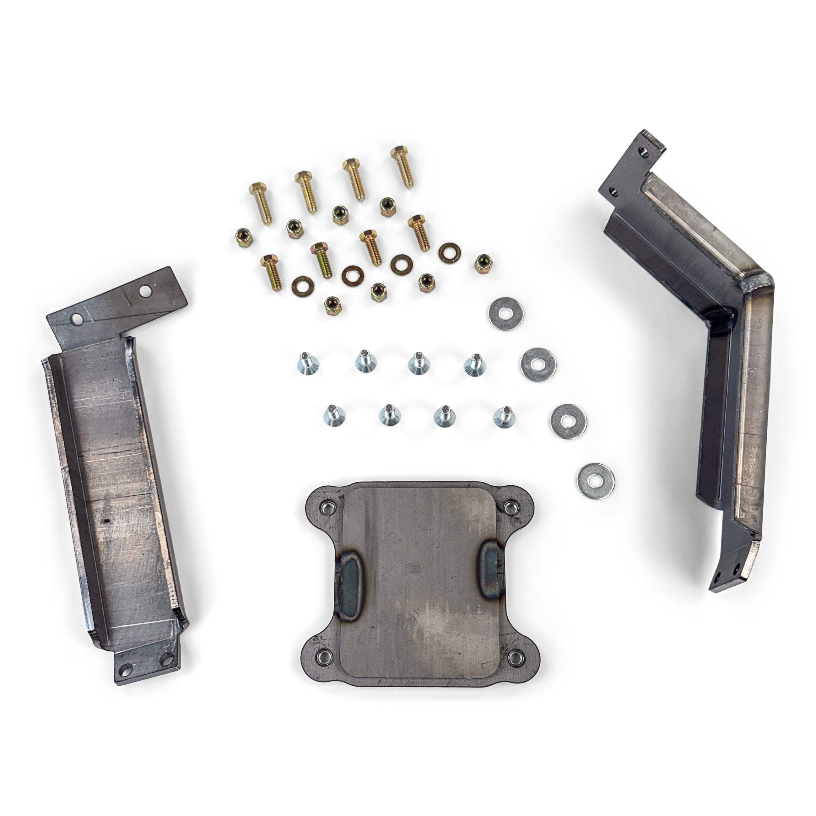Steel off-road vehicle mounting bracket kit with bolts, washers, and hardware laid out on white background