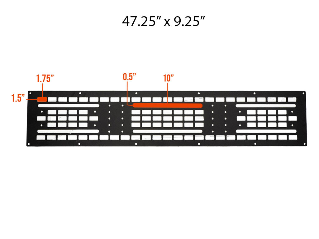 Black metal Molle panel with grid cutouts, labeled dimensions 47.25 x 9.25 inches.