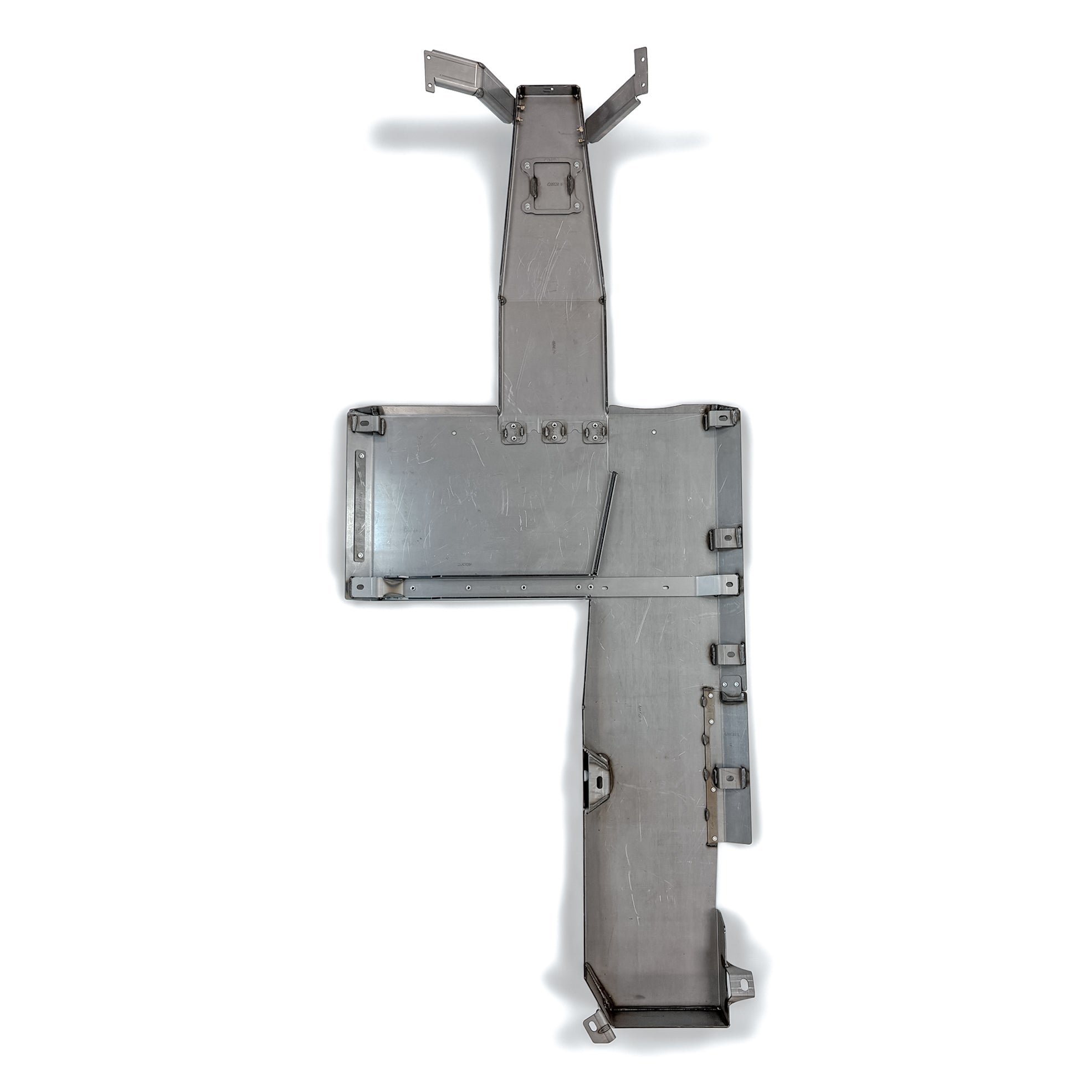 Aluminum skid plate for off-road vehicle undercarriage protection, isolated on white background.