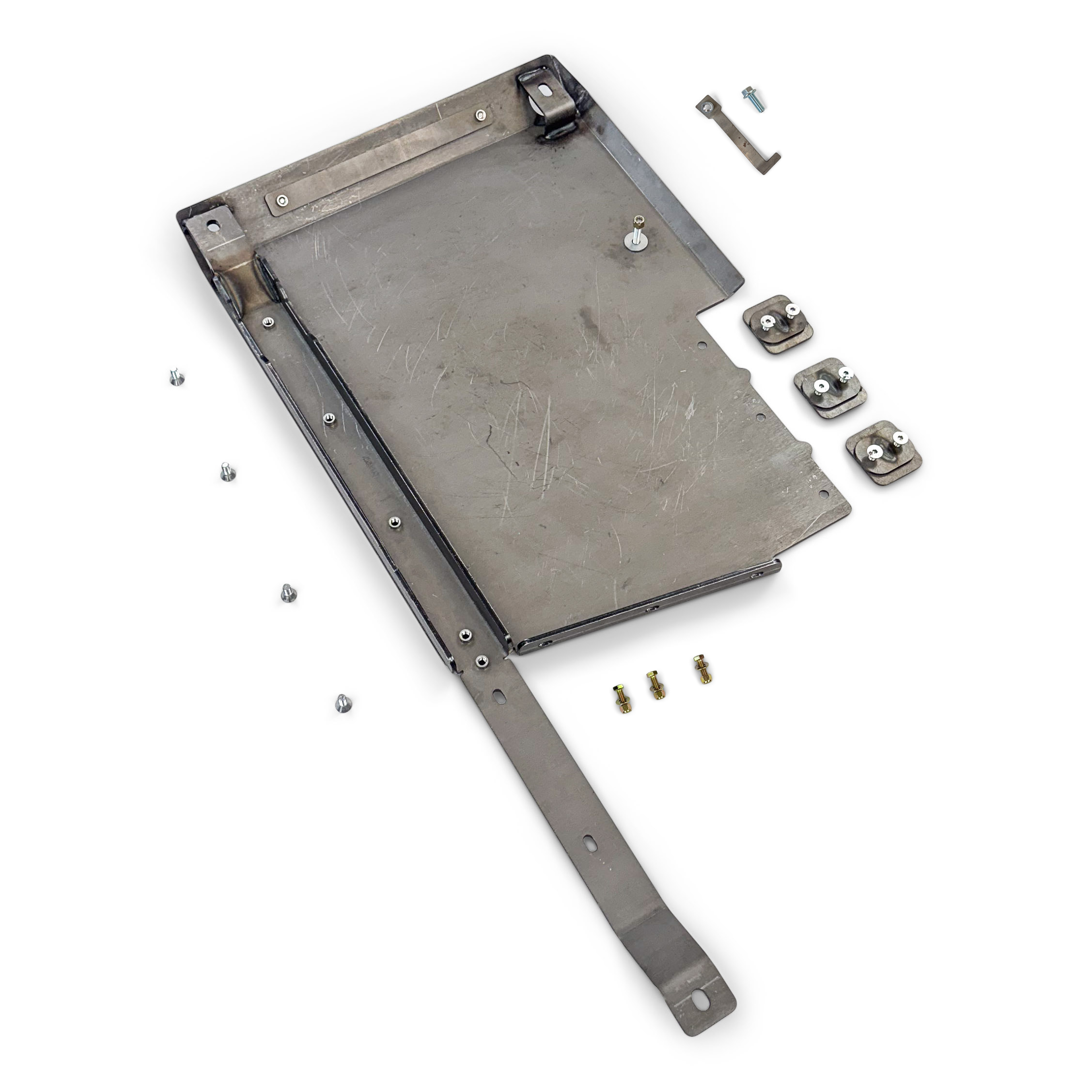 Steel battery tray with mounting hardware for Toyota Tacoma overland vehicle