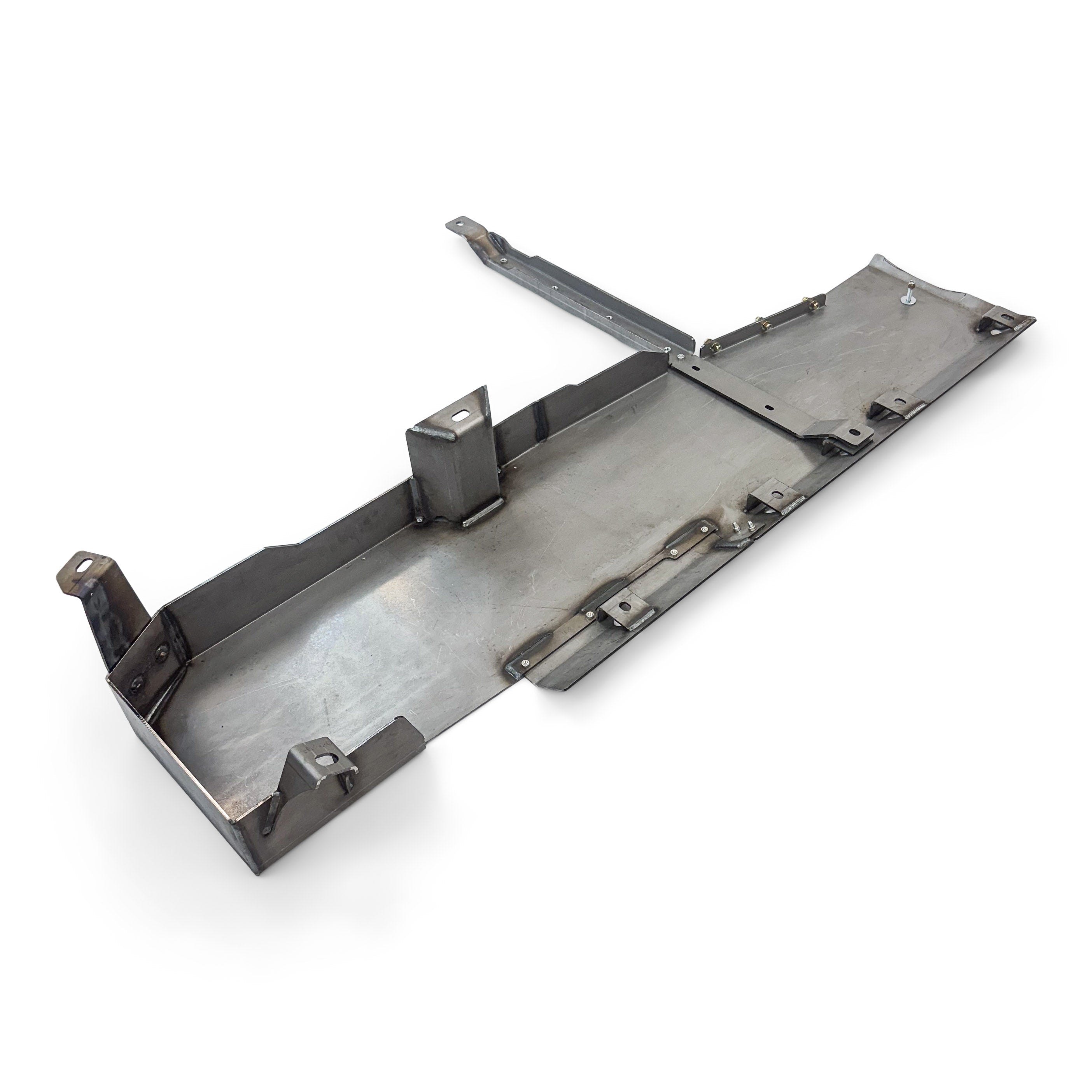 Steel skid plate for off-road vehicle undercarriage protection, angled view on white background