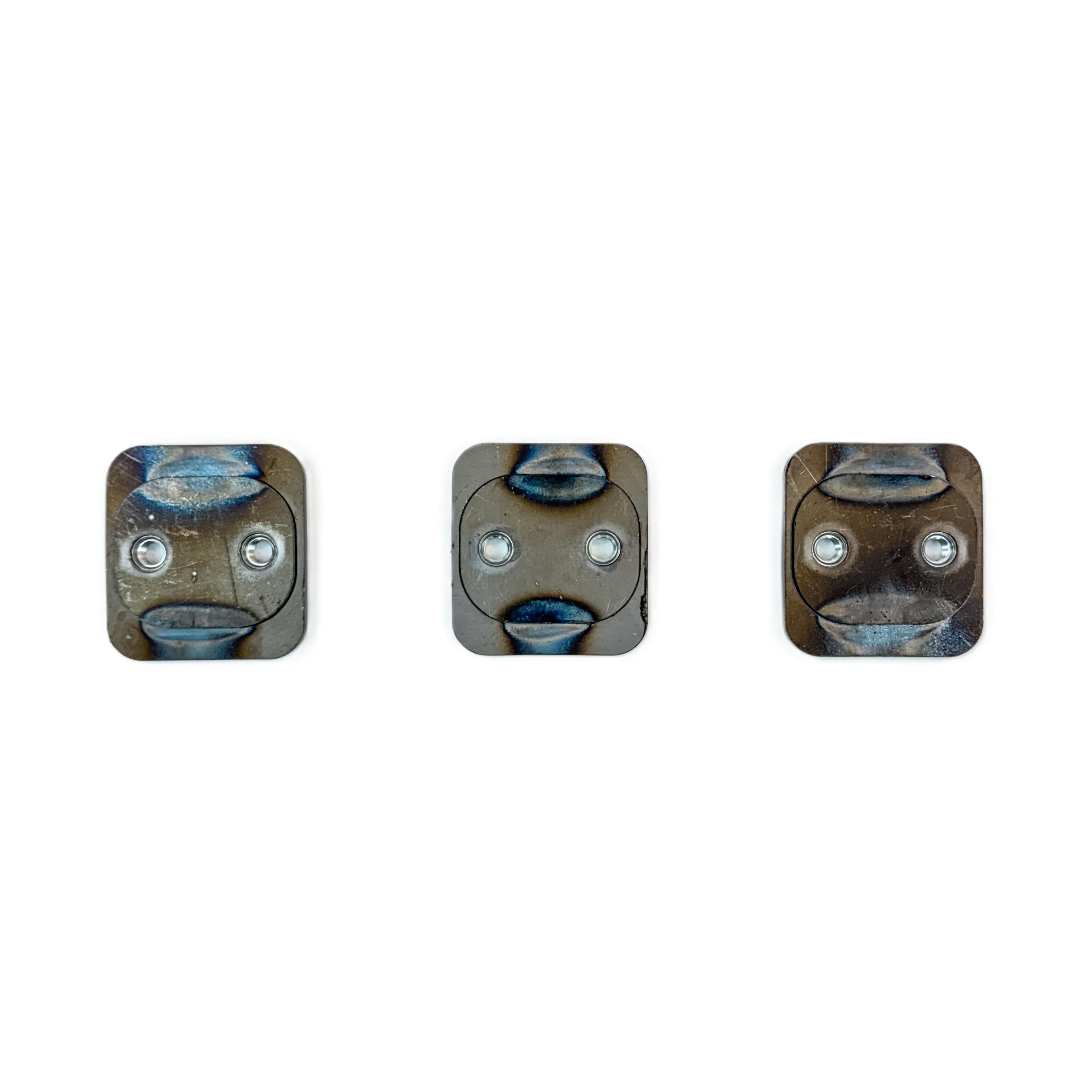 Set of three metal tie down anchors for overlanding vehicle gear mounting