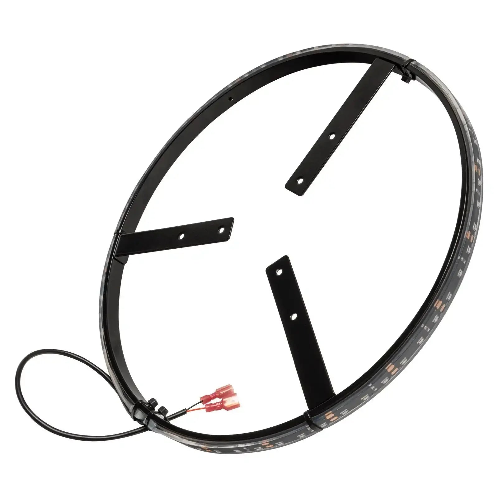 Black steel circular LED light ring with mounting brackets and wiring for vehicle wheel