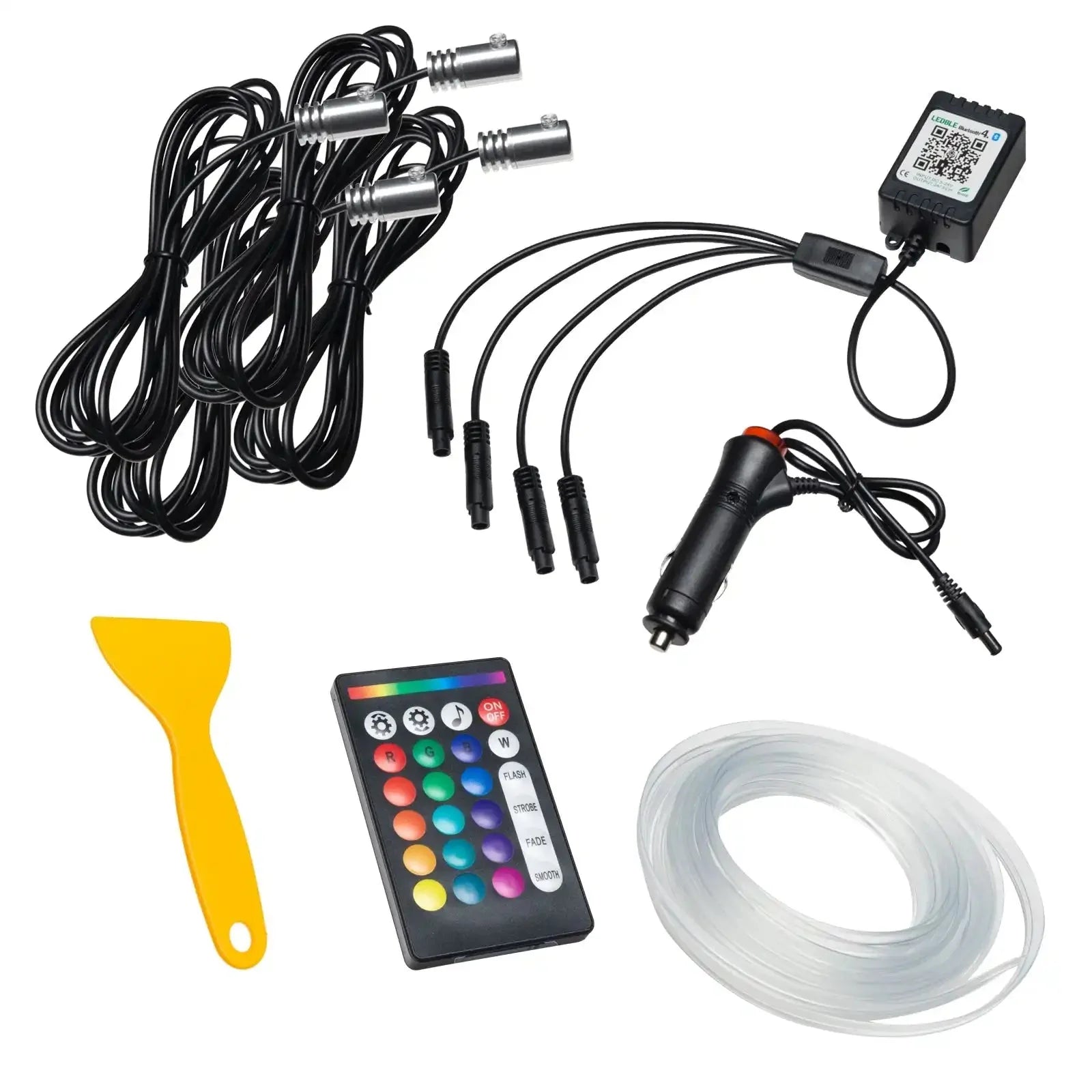 LED interior ambient light kit for vehicles with remote, wiring, and plastic tool