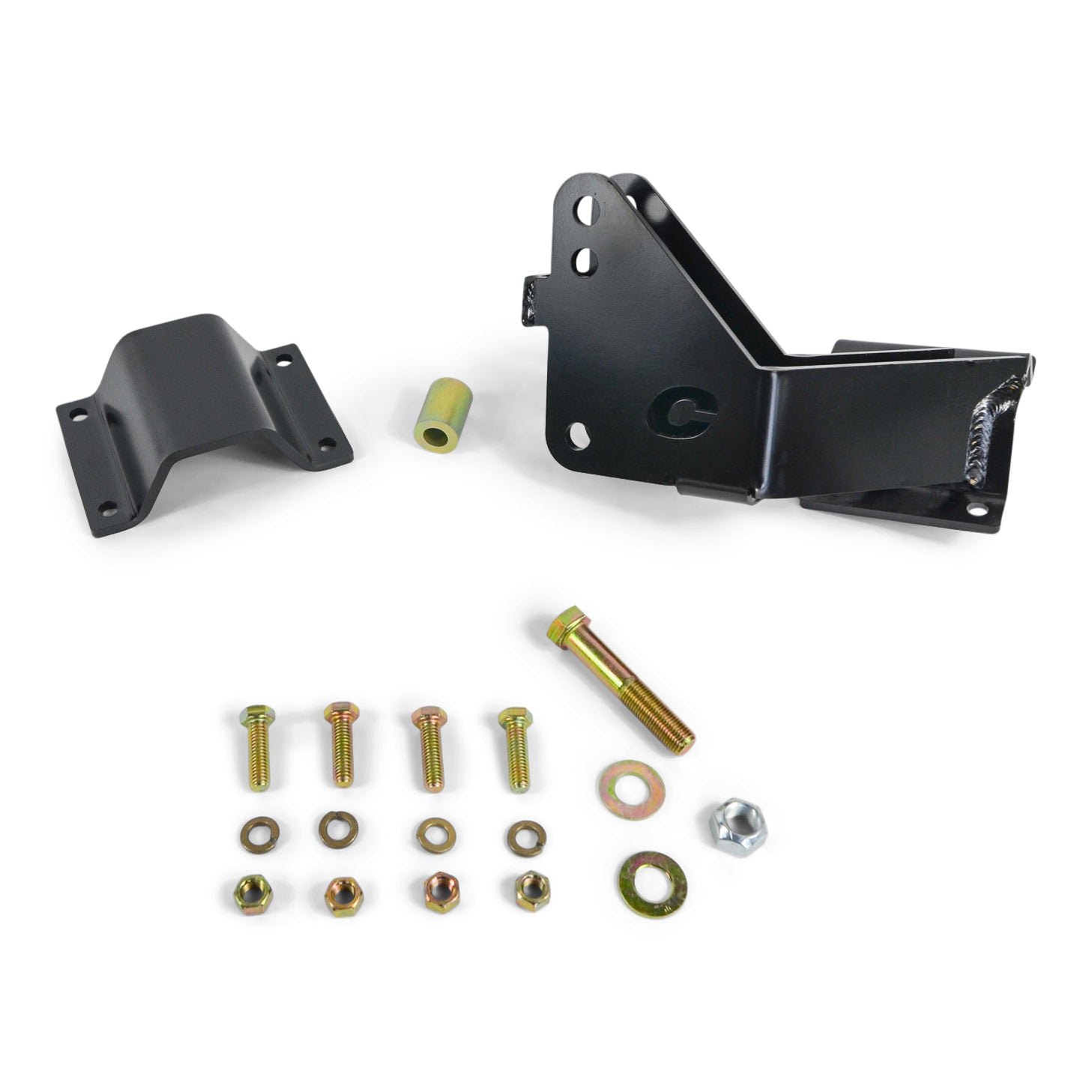 Black metal bracket kit with bolts and washers for off-road vehicle suspension or armor upgrade